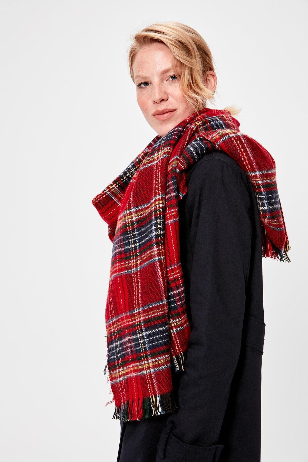 Red Soft Textured Plaid Scarf, Red, large image number 1