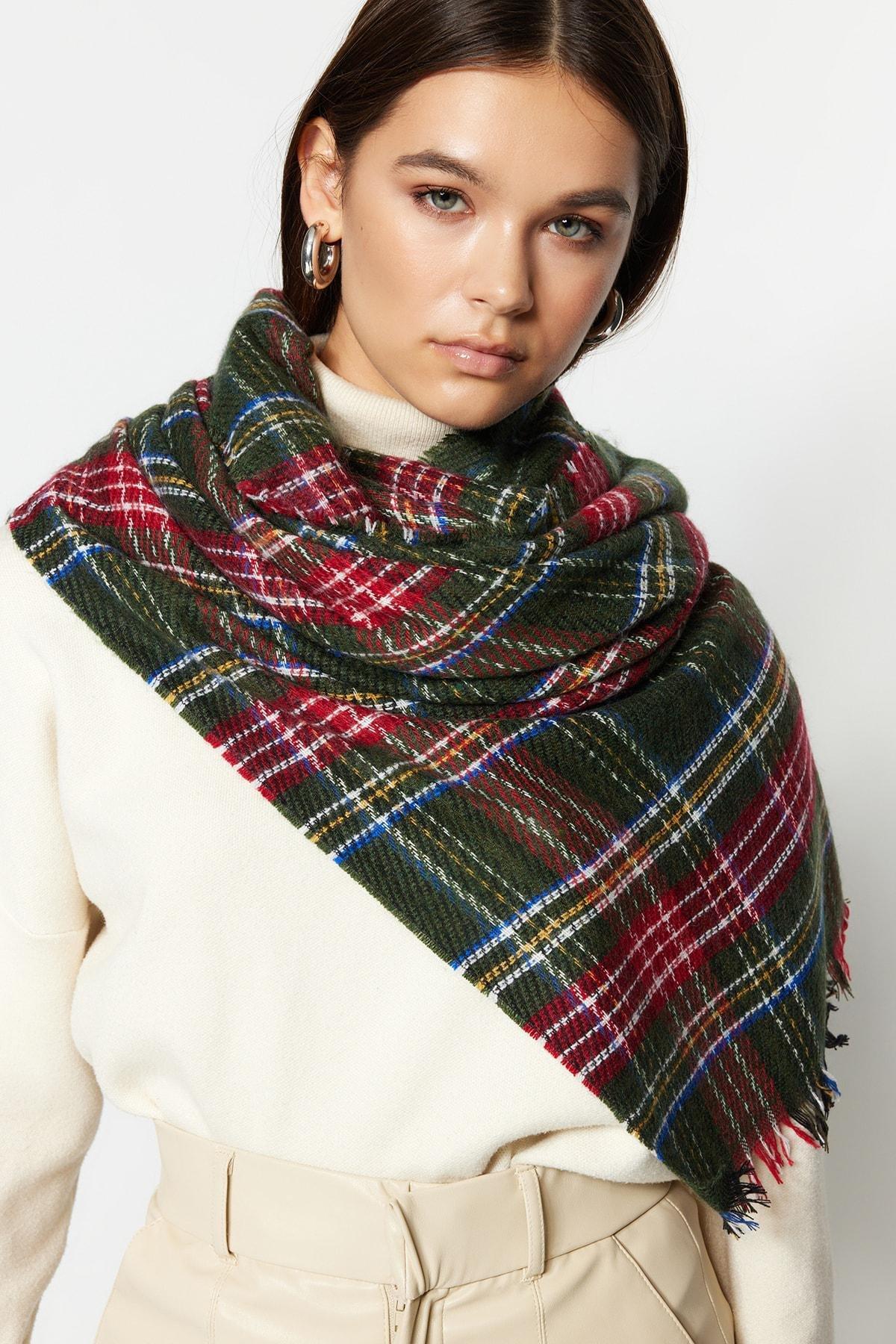 Green Plaid Casual Scarf, Green, large image number 0