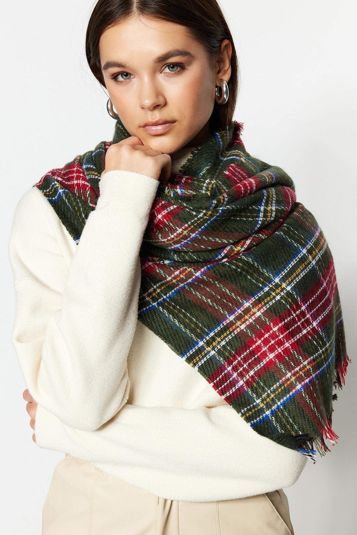 Green Plaid Casual Scarf, Green, large image number 1