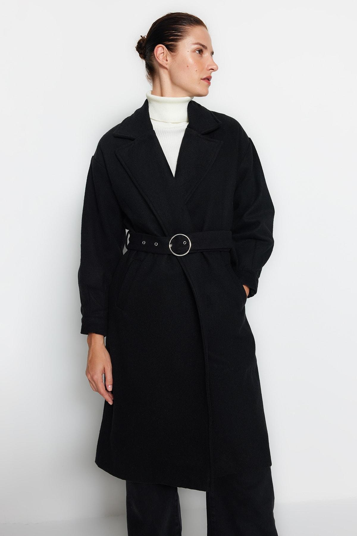 Black Puffer Lapel Collar Coat, Black, large image number 0