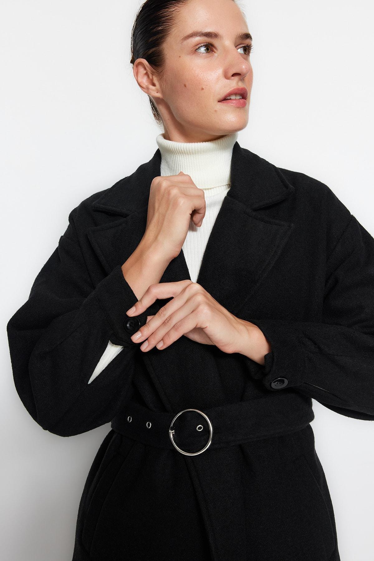 Black Puffer Lapel Collar Coat, Black, large image number 1