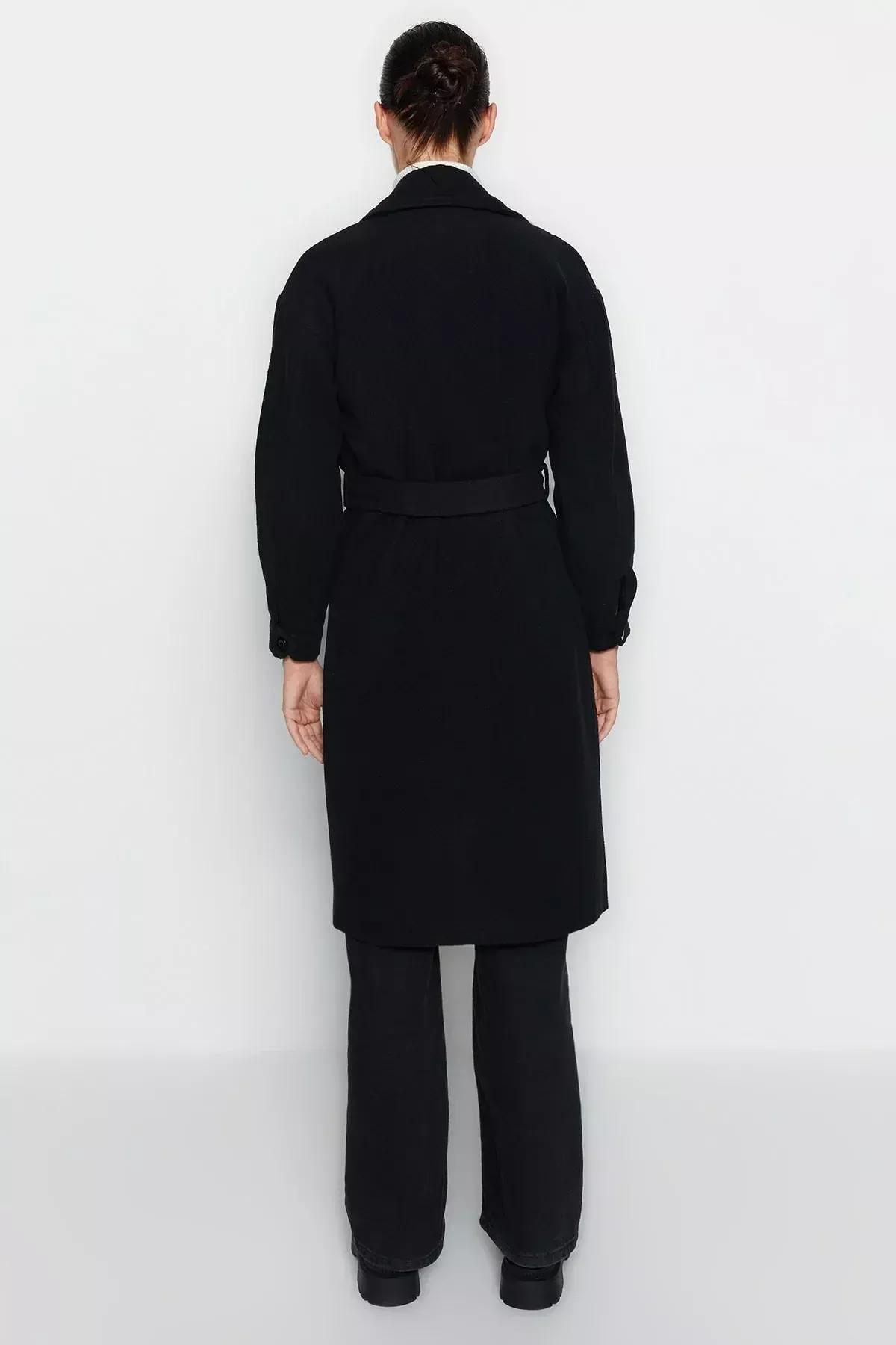 Black Puffer Lapel Collar Coat, Black, large image number 2
