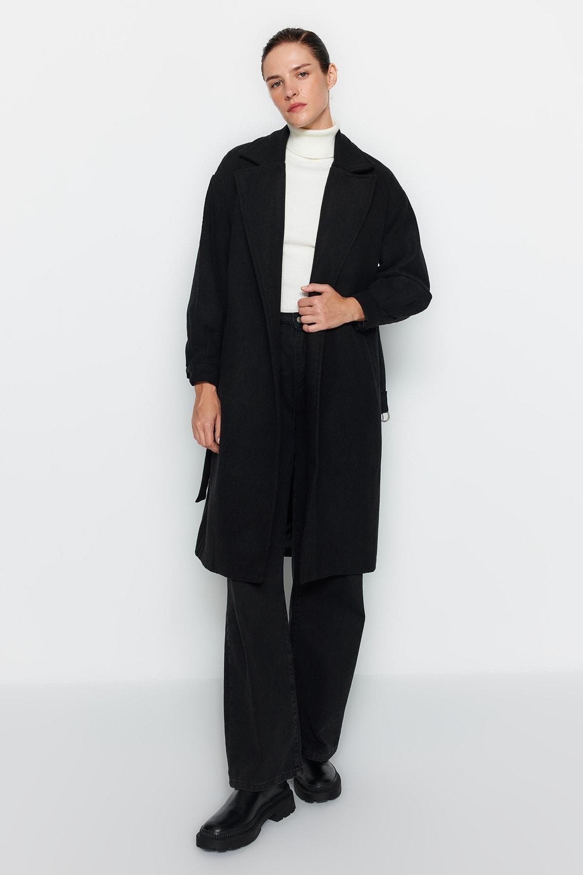 Black Puffer Lapel Collar Coat, Black, large image number 3