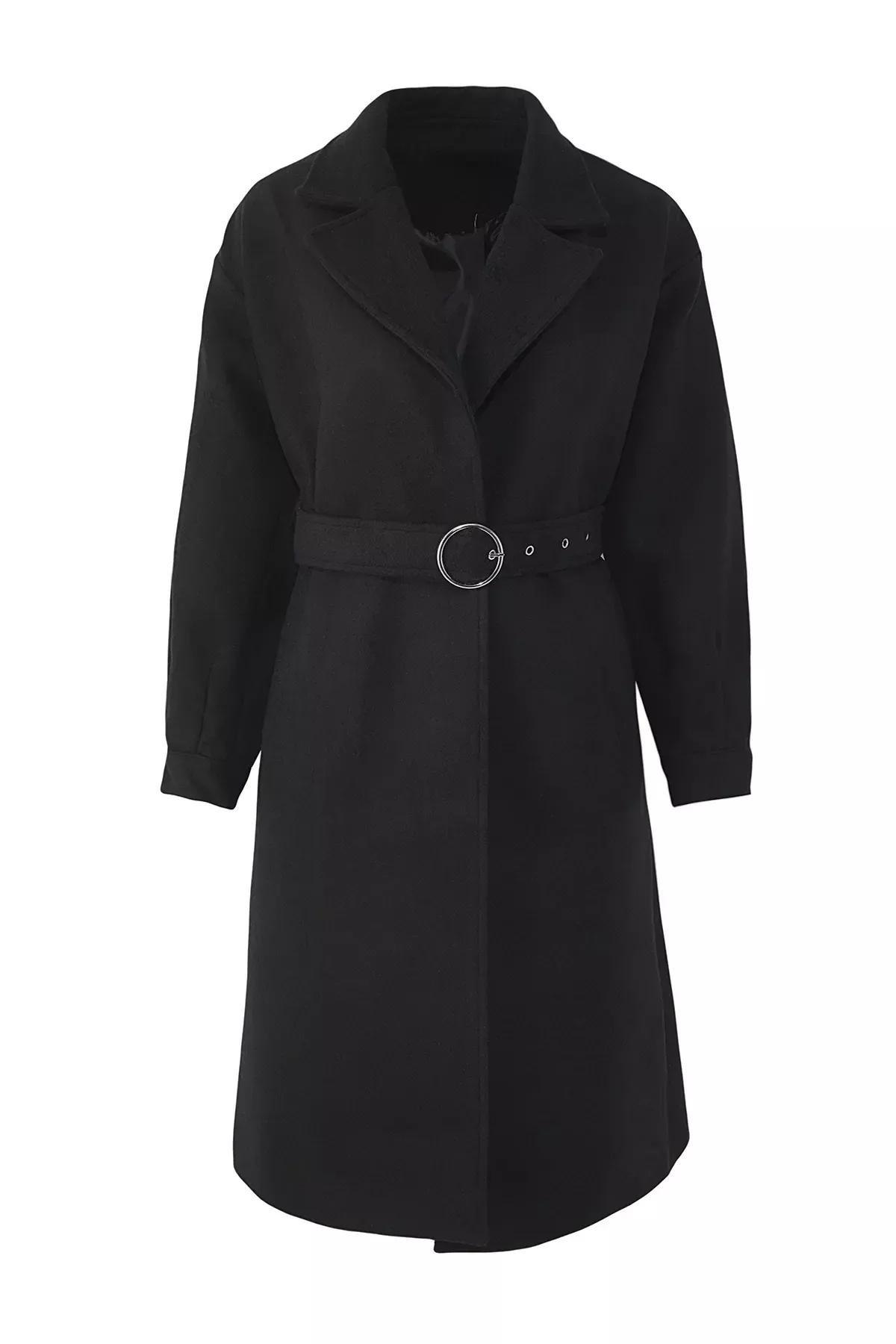 Black Puffer Lapel Collar Coat, Black, large image number 6