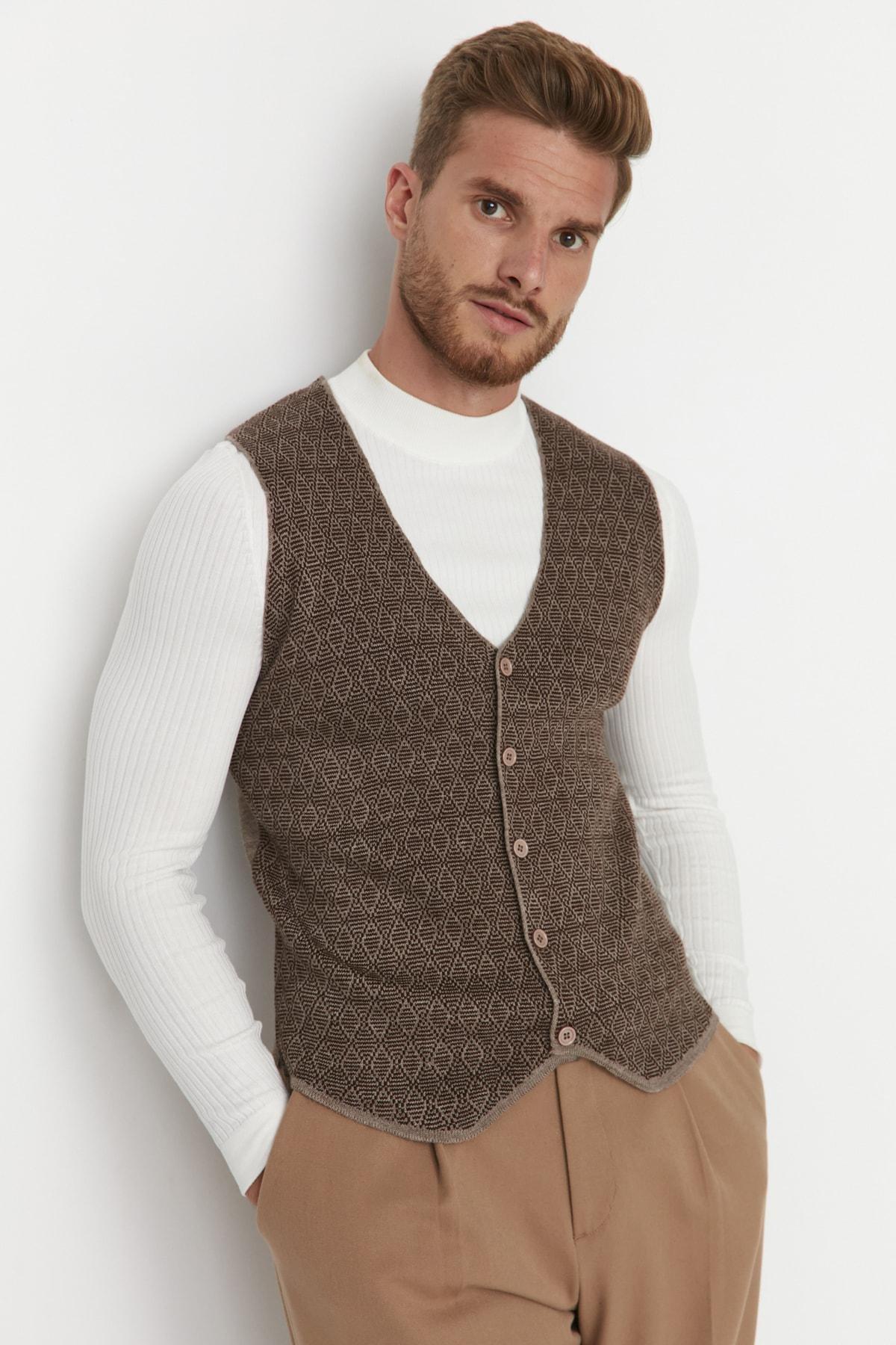 Brown Double-Breasted Slim Vest, , large image number 1