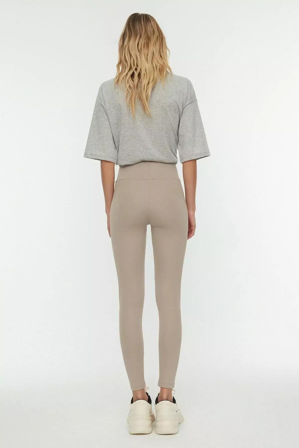 Beige High Waist Leggings, Beige, large image number 3