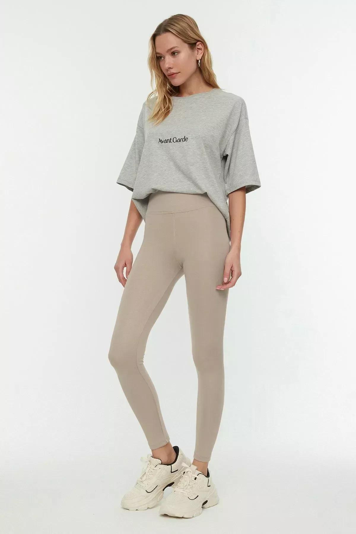 Beige High Waist Leggings, Beige, large image number 4