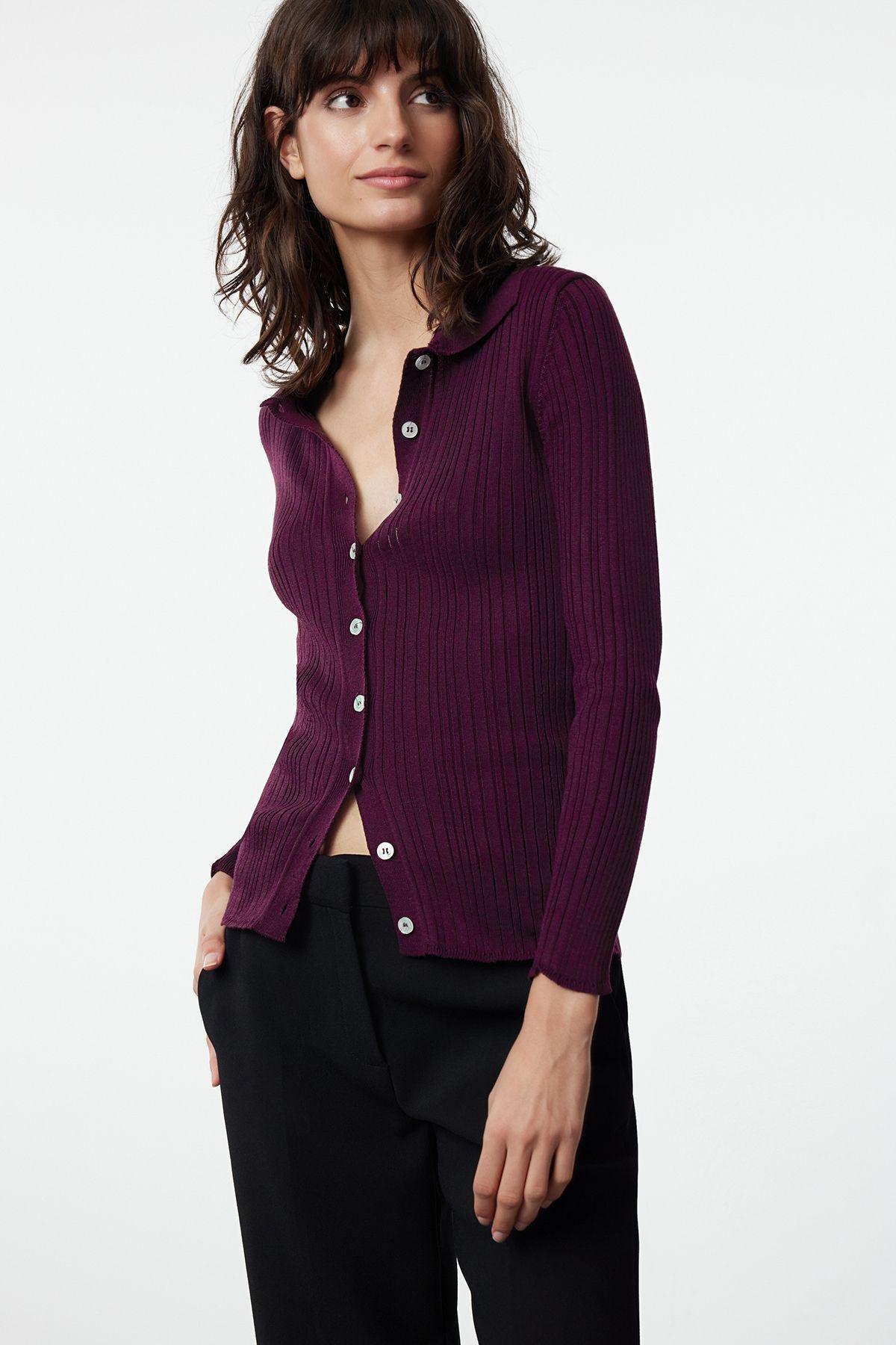 Purple Ribbed Polo Neck Knitted Cardigan, , large image number 0