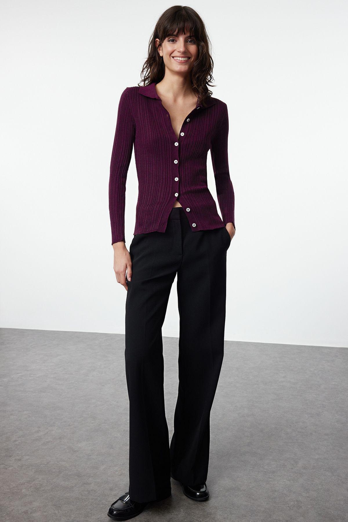 Purple Ribbed Polo Neck Knitted Cardigan, , large image number 1