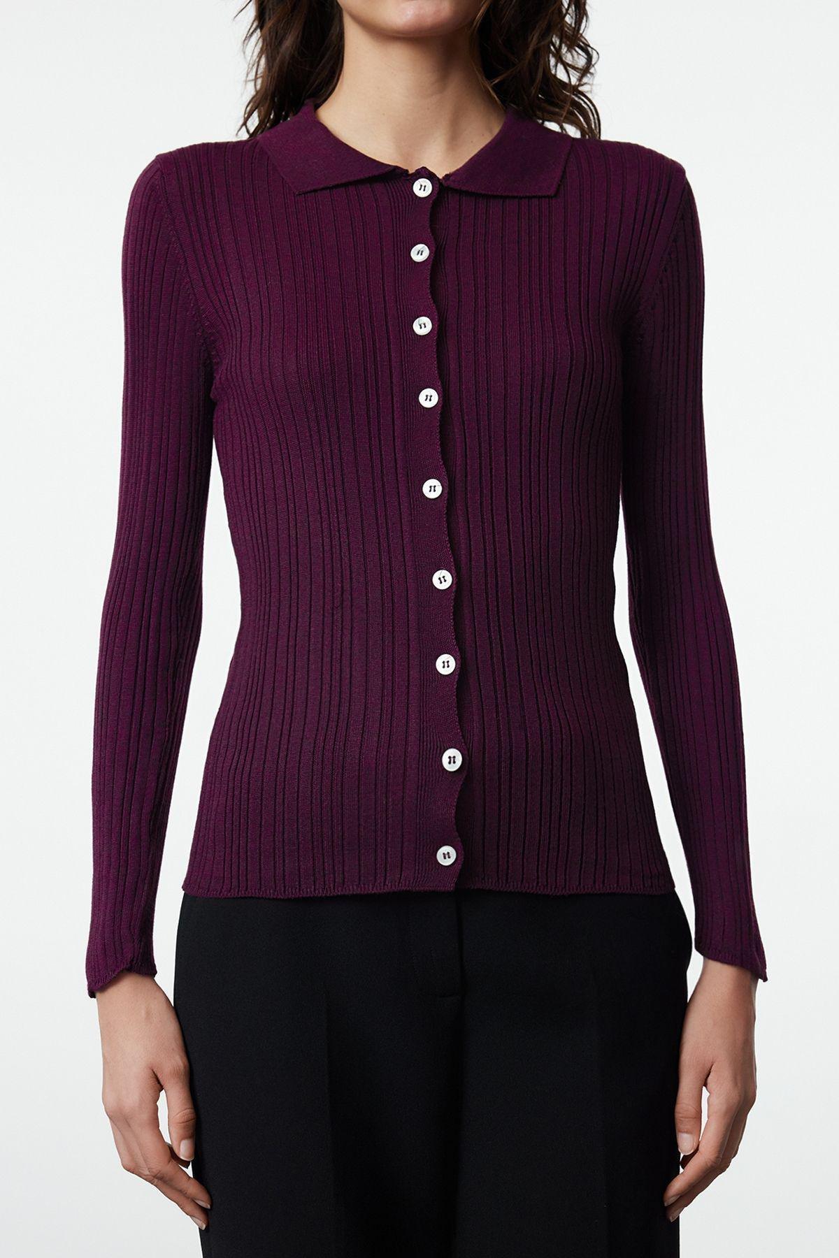 Purple Ribbed Polo Neck Knitted Cardigan, , large image number 3