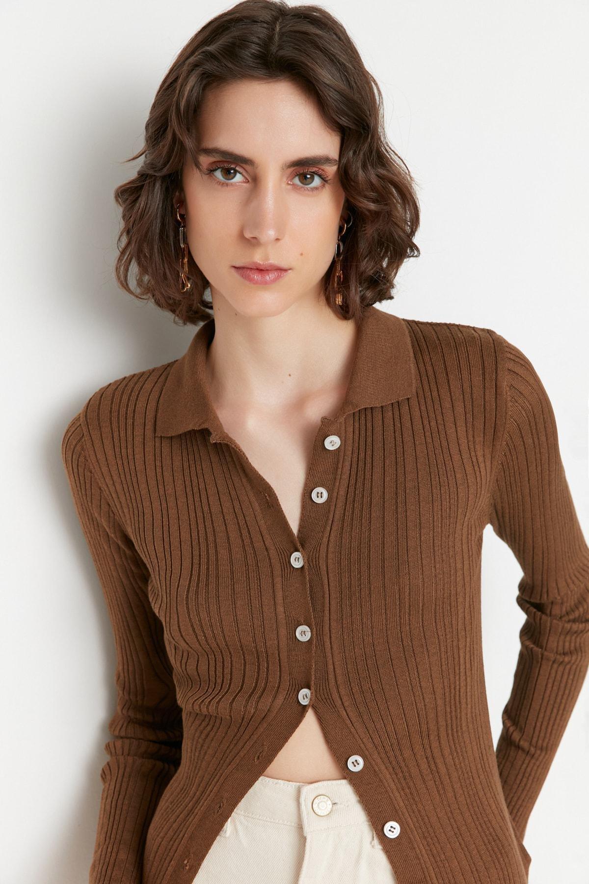 Trendyol - Brown Polo Neck Cardigan