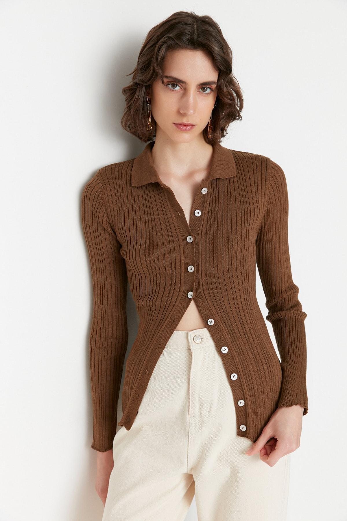 Trendyol - Brown Polo Neck Cardigan