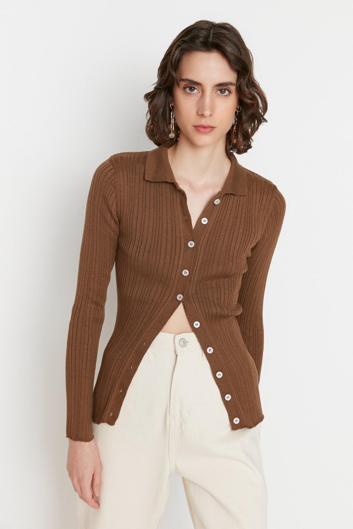 Trendyol - Brown Polo Neck Cardigan