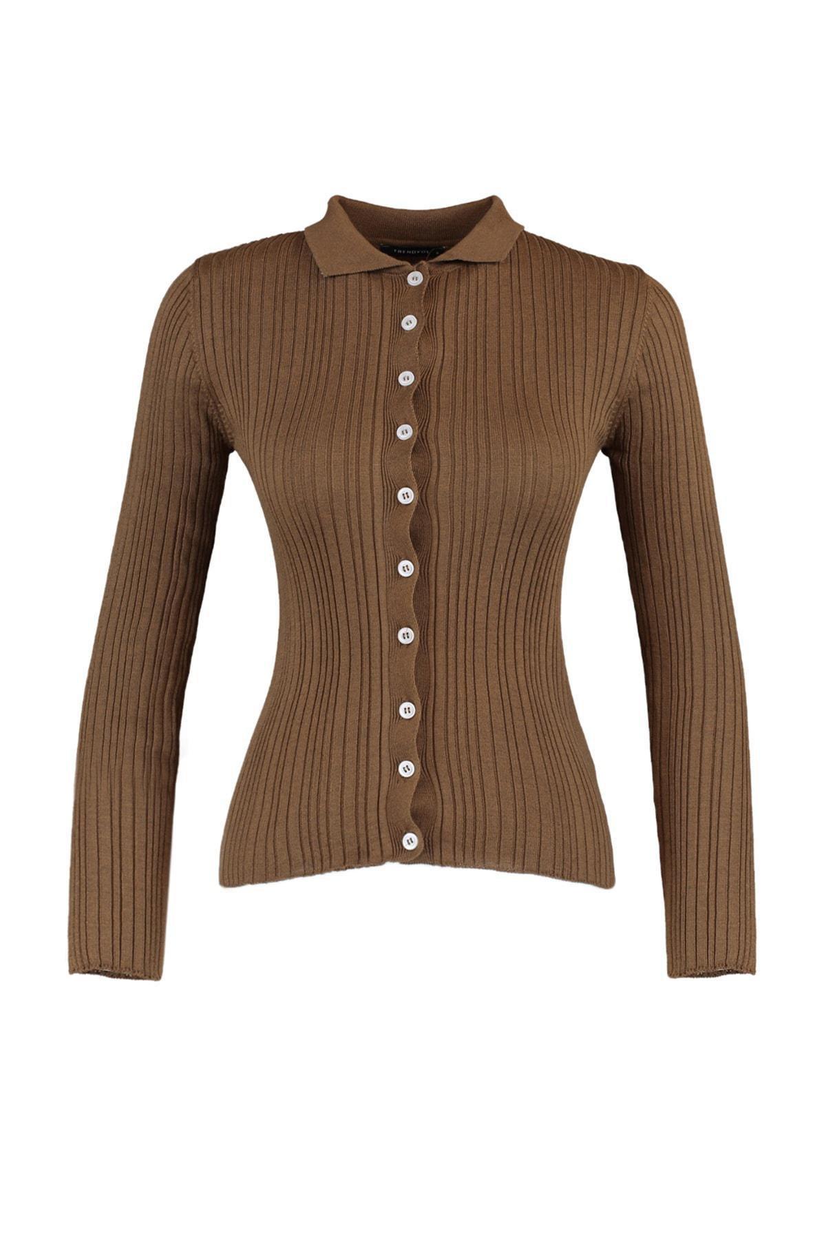 Trendyol - Brown Polo Neck Cardigan