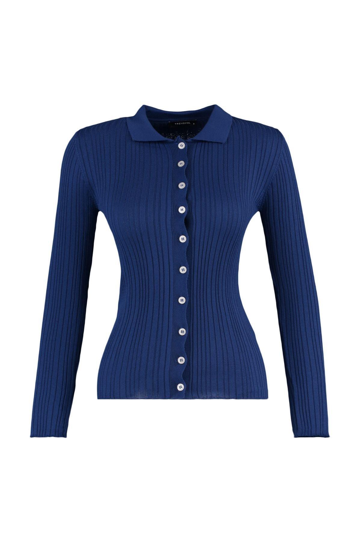 Navy Shirt Collar Slim Cardigan, , large image number 6