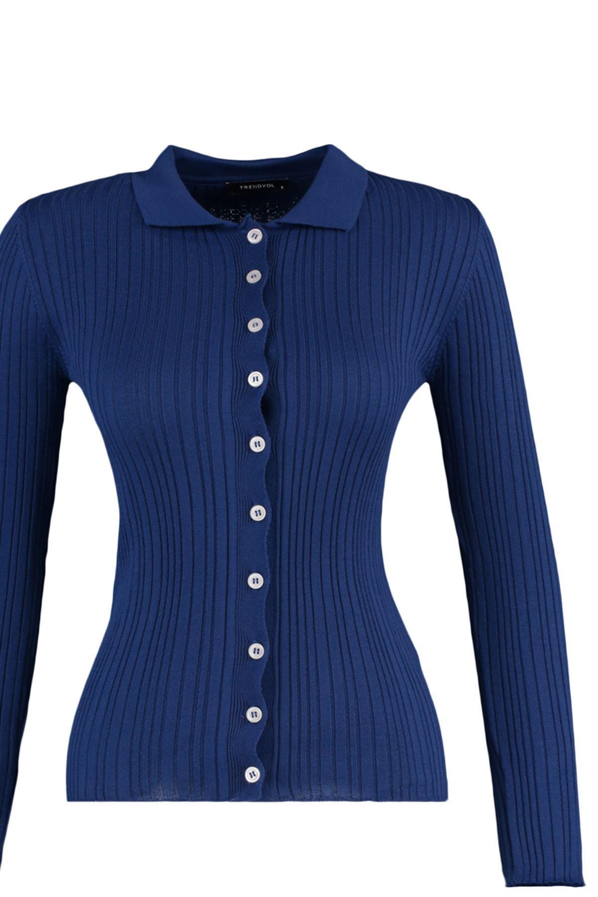Navy Shirt Collar Slim Cardigan, , large image number 7