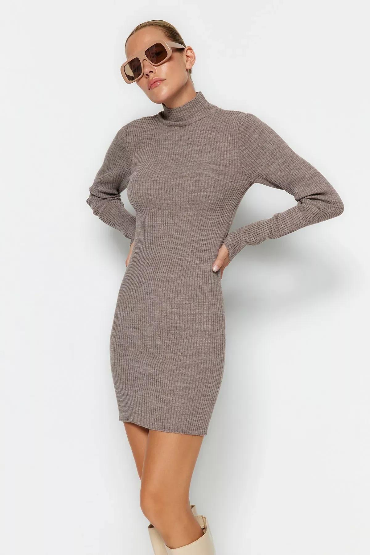 Brown Standing Collar Bodycon Dress, Brown, large image number 1