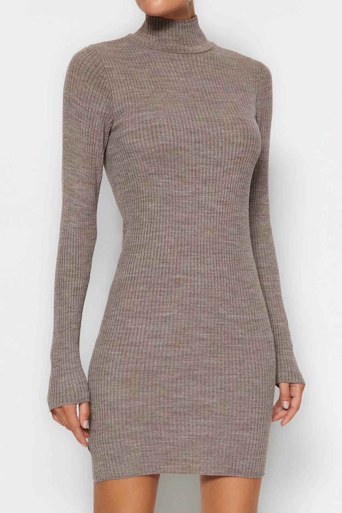 Brown Standing Collar Bodycon Dress, Brown, large image number 5