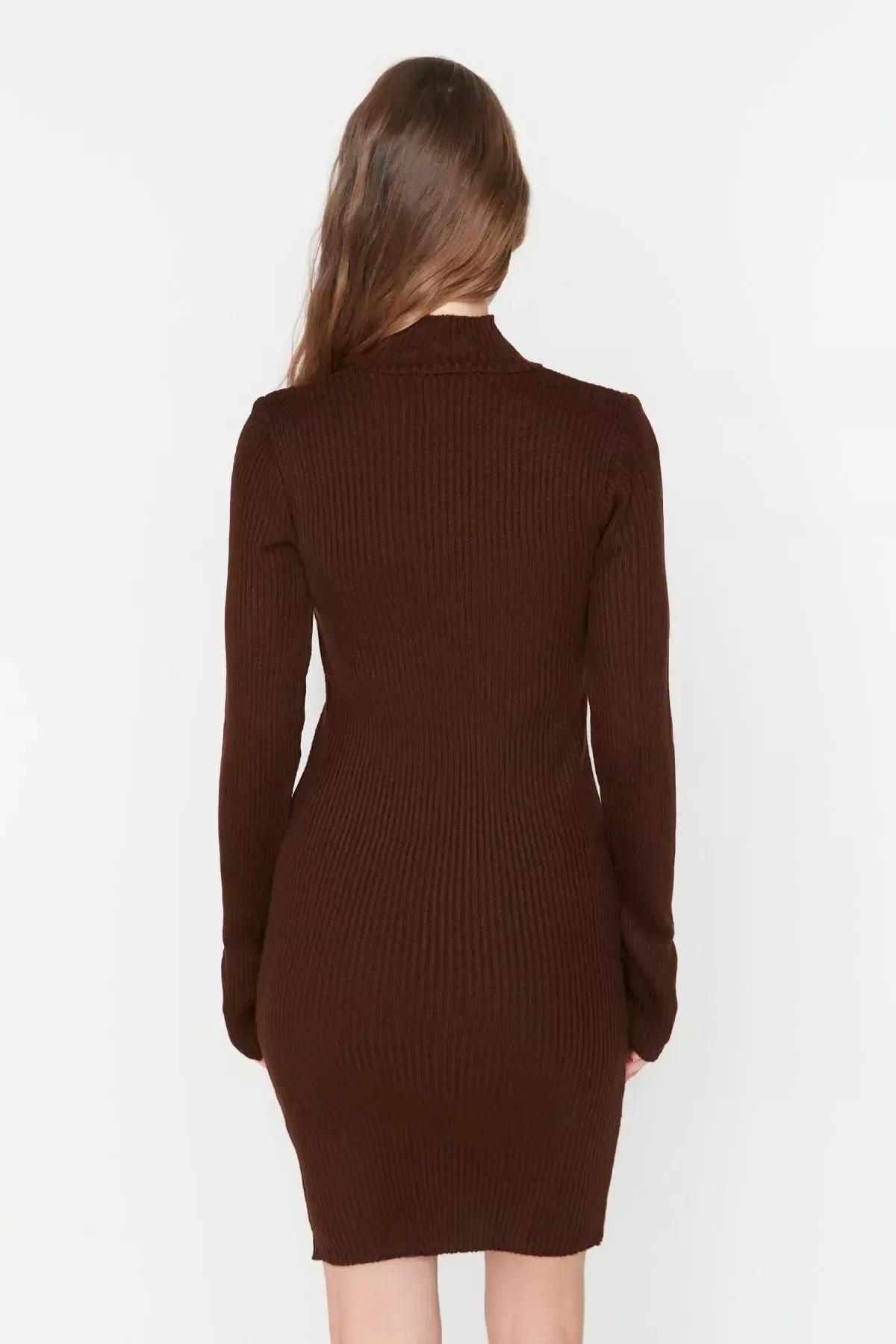 Brown Standing Collar Bodycon Dress, Brown, large image number 8