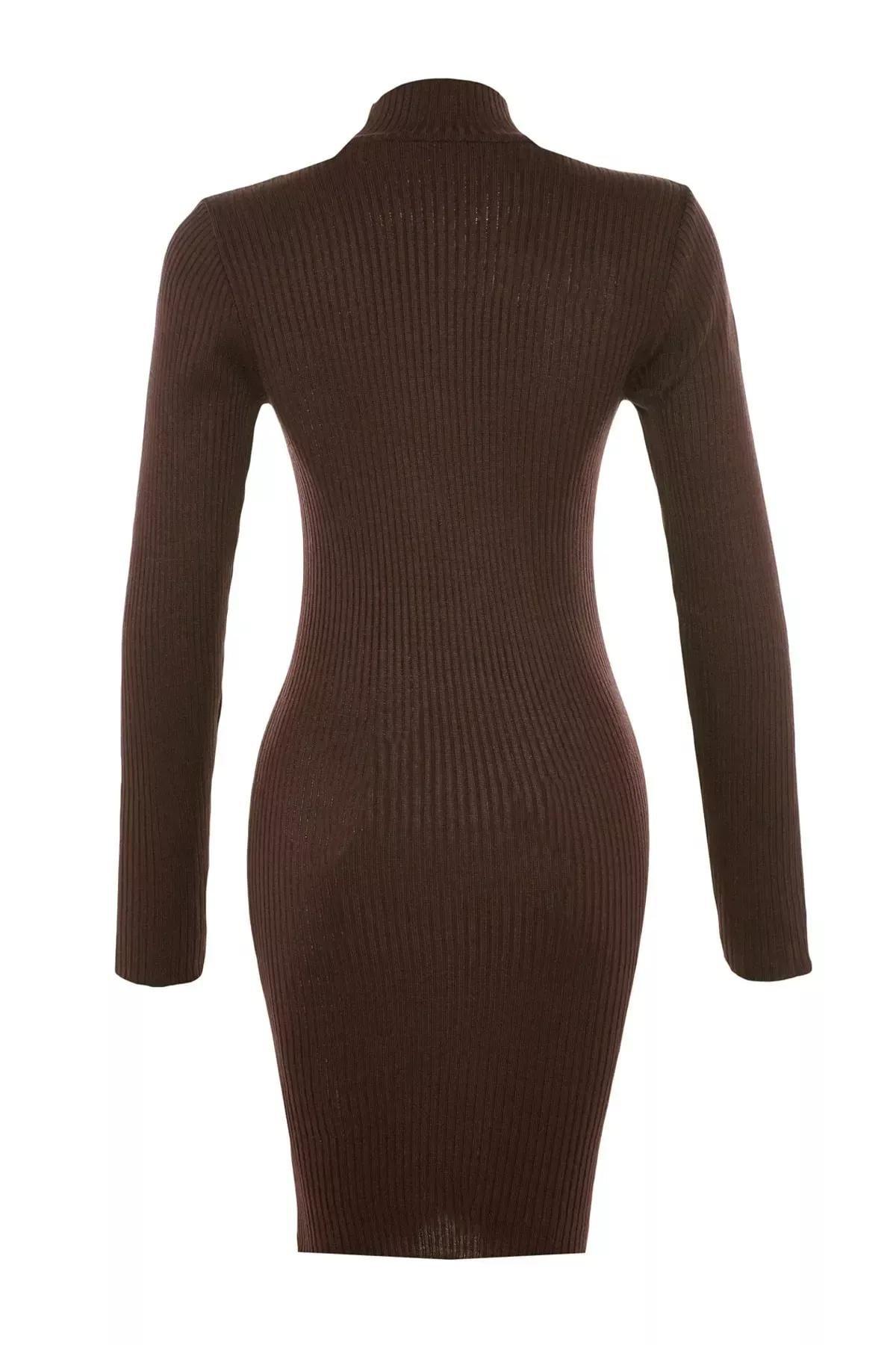 Brown Standing Collar Bodycon Dress, Brown, large image number 10