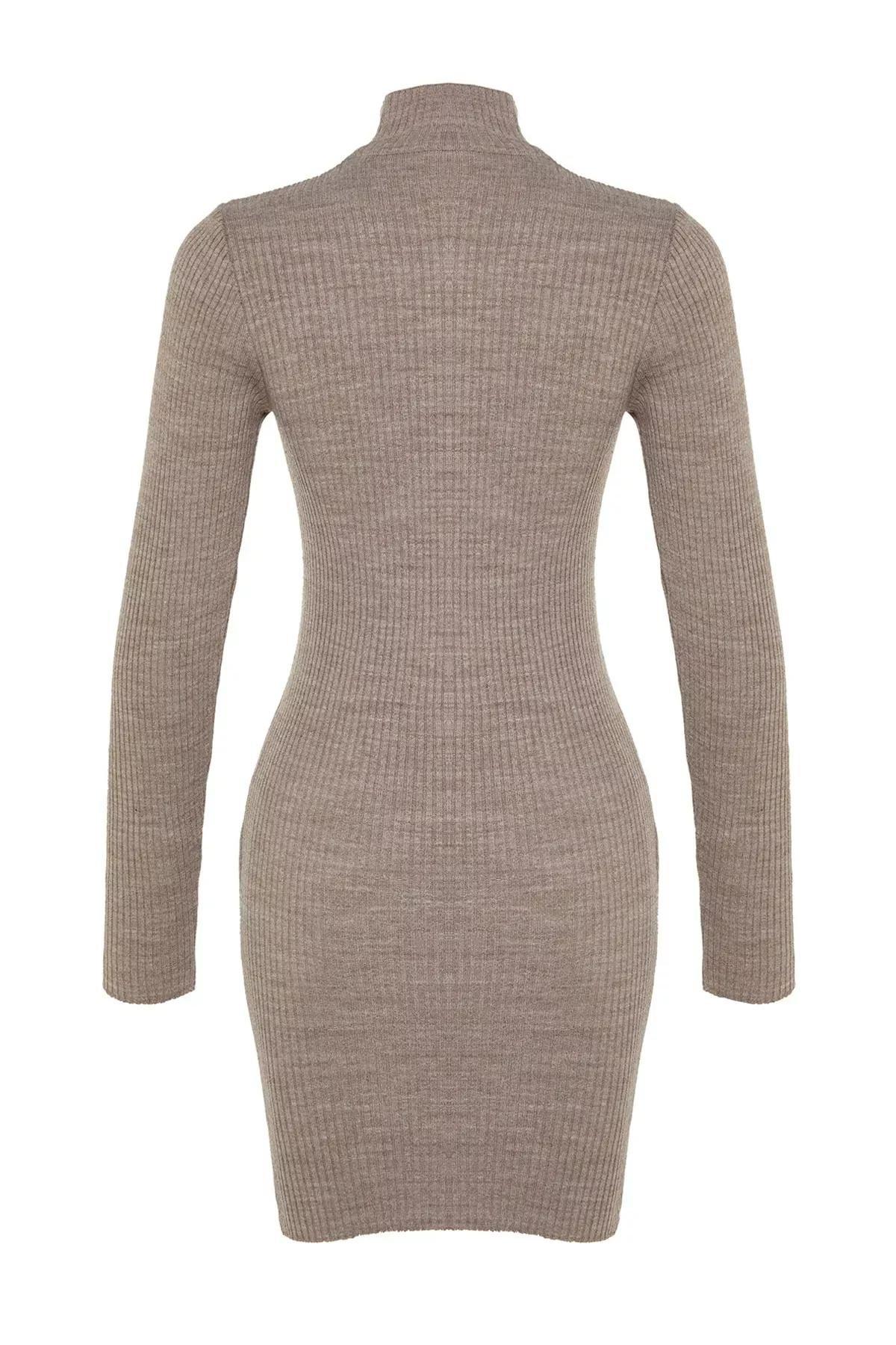 Brown Standing Collar Bodycon Dress, Brown, large image number 14