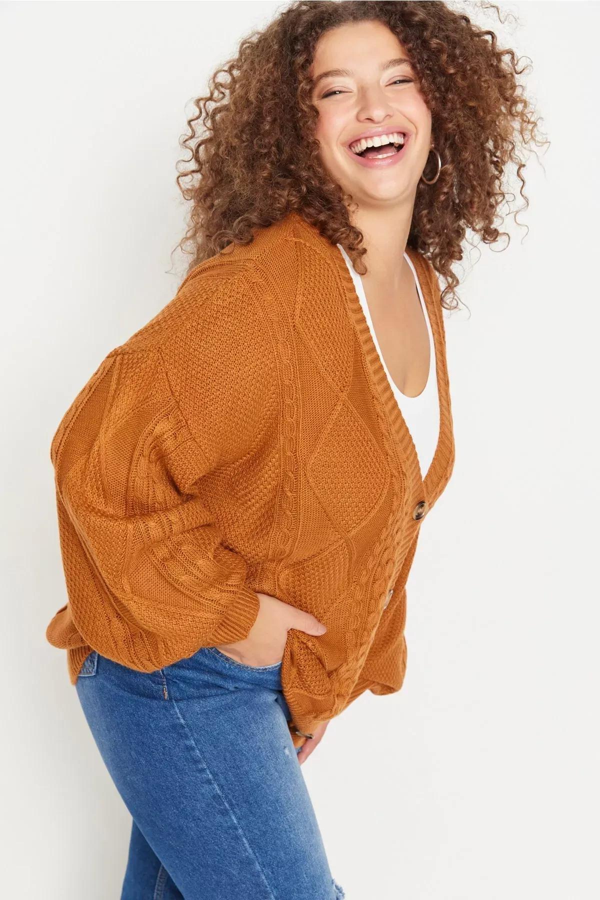 Brown Relaxed Knitted Plus Size Cardigan, Brown, medium