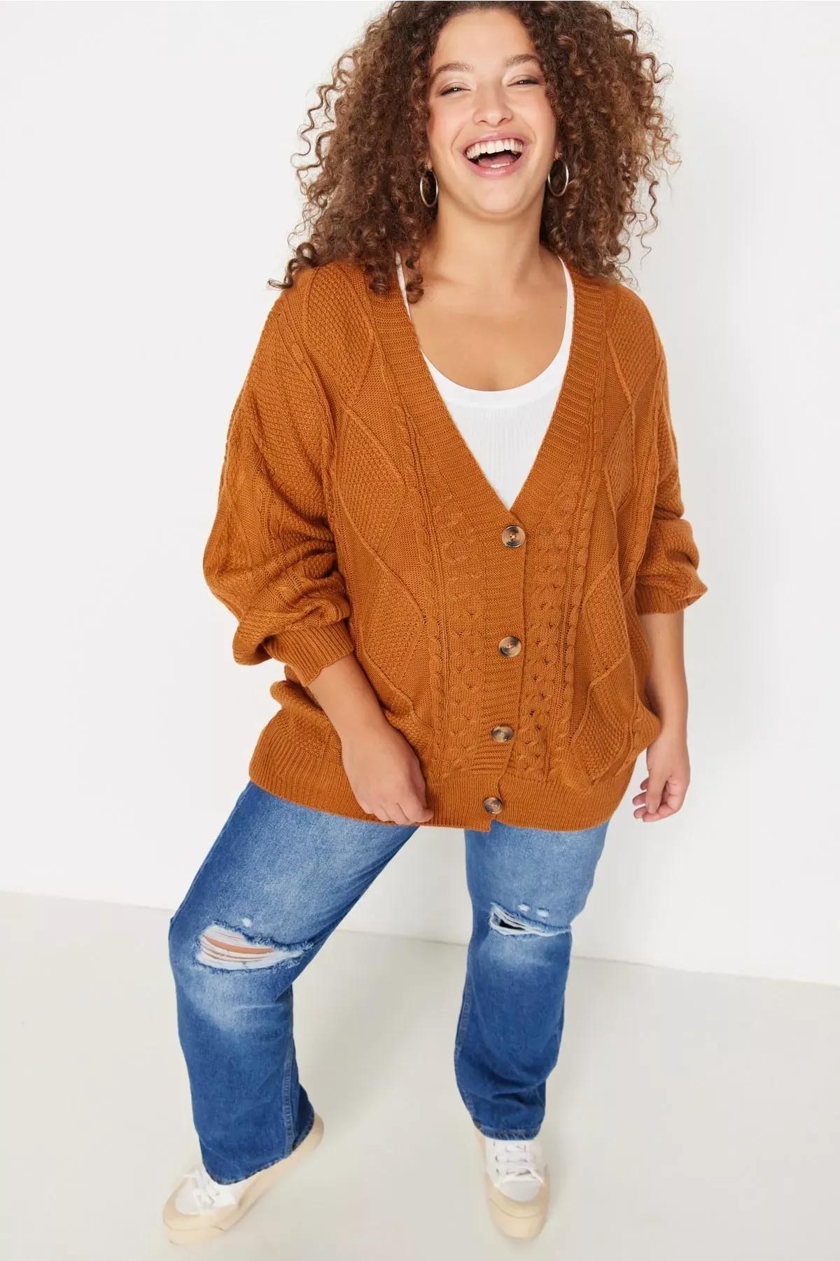 Brown Relaxed Knitted Plus Size Cardigan, Brown, medium