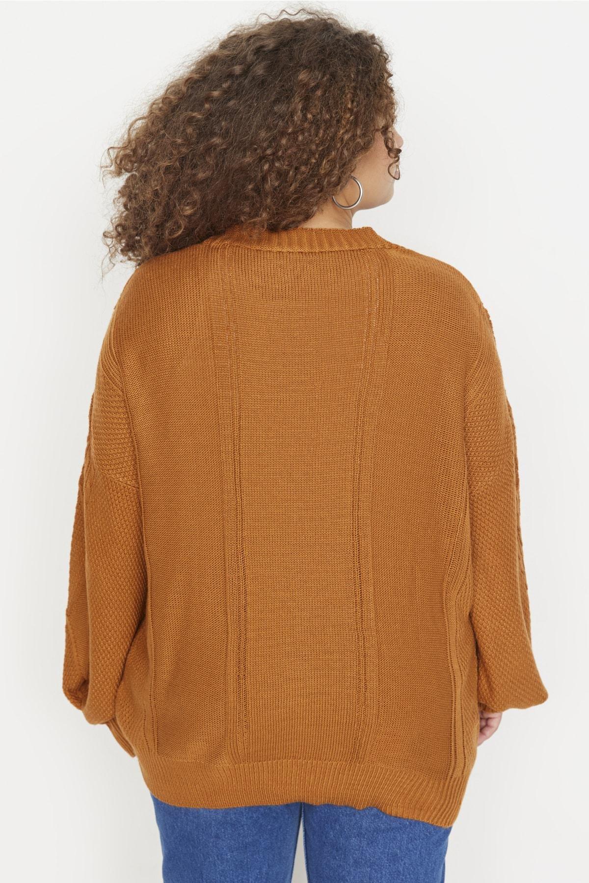 Brown Relaxed Knitted Plus Size Cardigan, , large image number 4