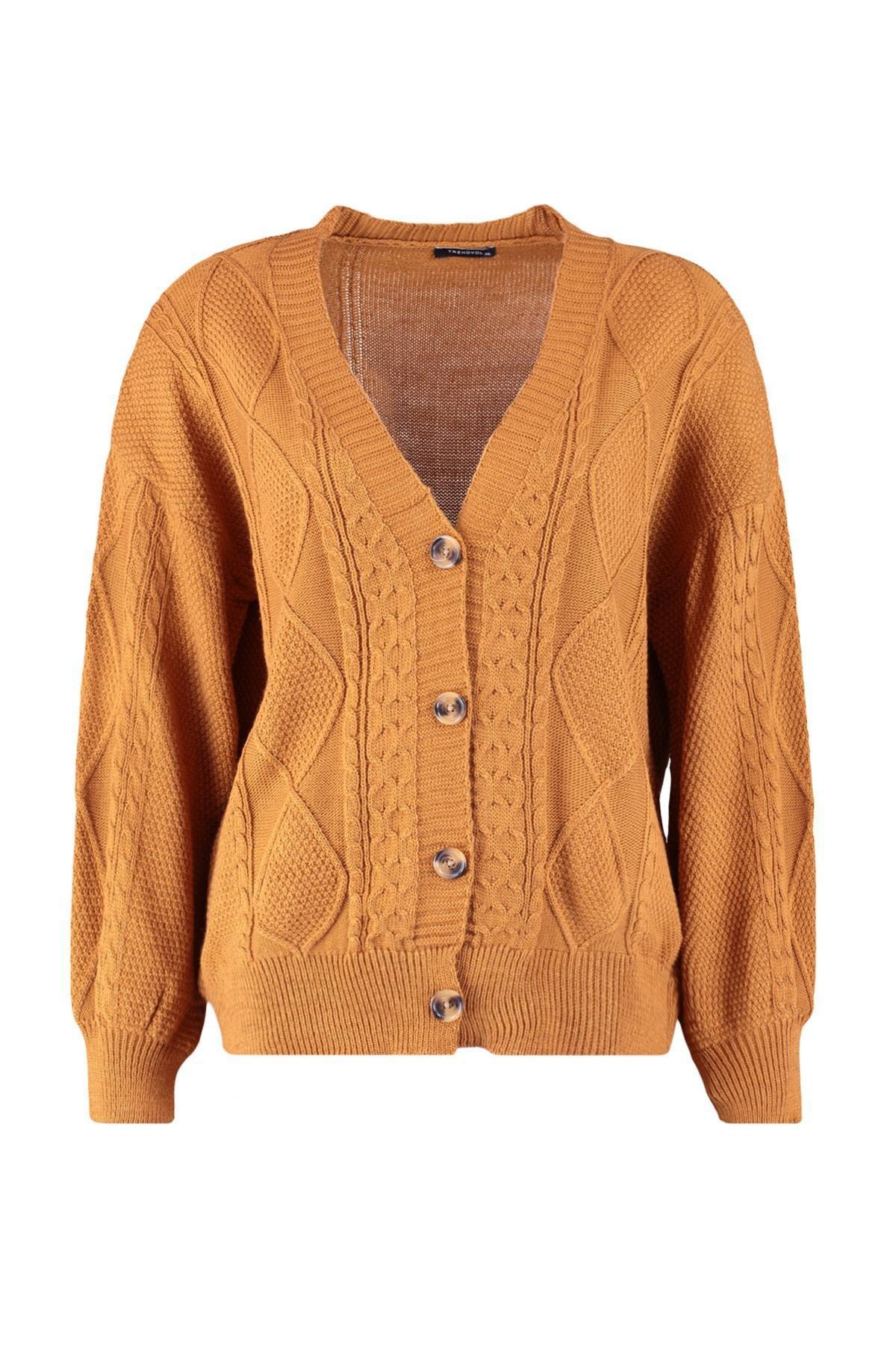 Trendyol - Brown Relaxed Knitted Plus Size Cardigan