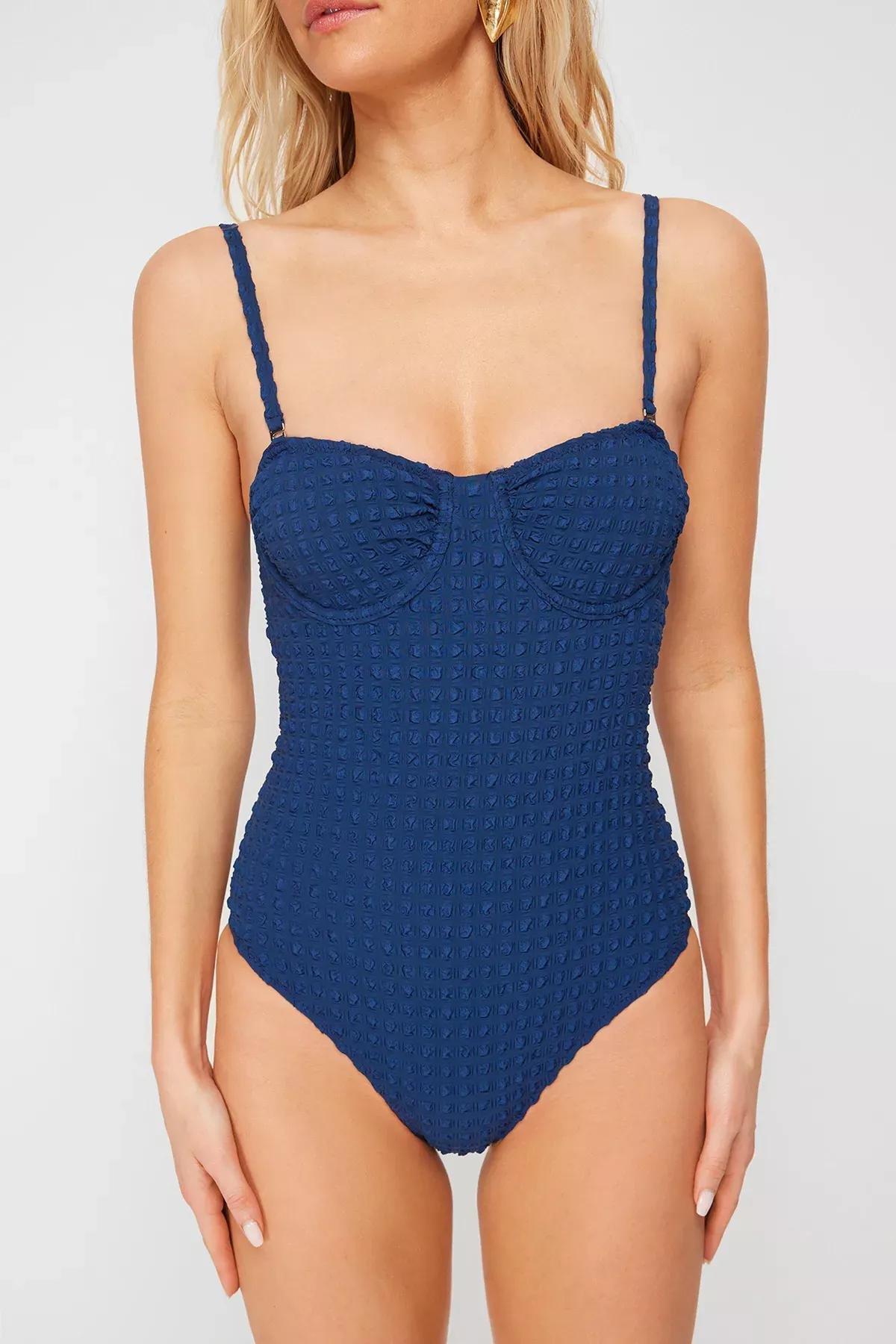 بدلة سباحة بالكونيت بارزة الملمس، كحلي, Navy blue, large image number 2