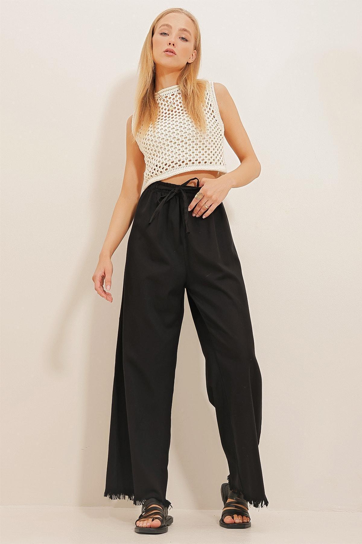 Womens Black Tasseled High Waist Palazzo Jean Trousers ALC-X8930, single, , large image number 0