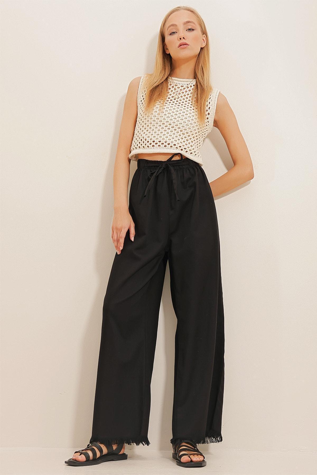 Womens Black Tasseled High Waist Palazzo Jean Trousers ALC-X8930, single, , large image number 1