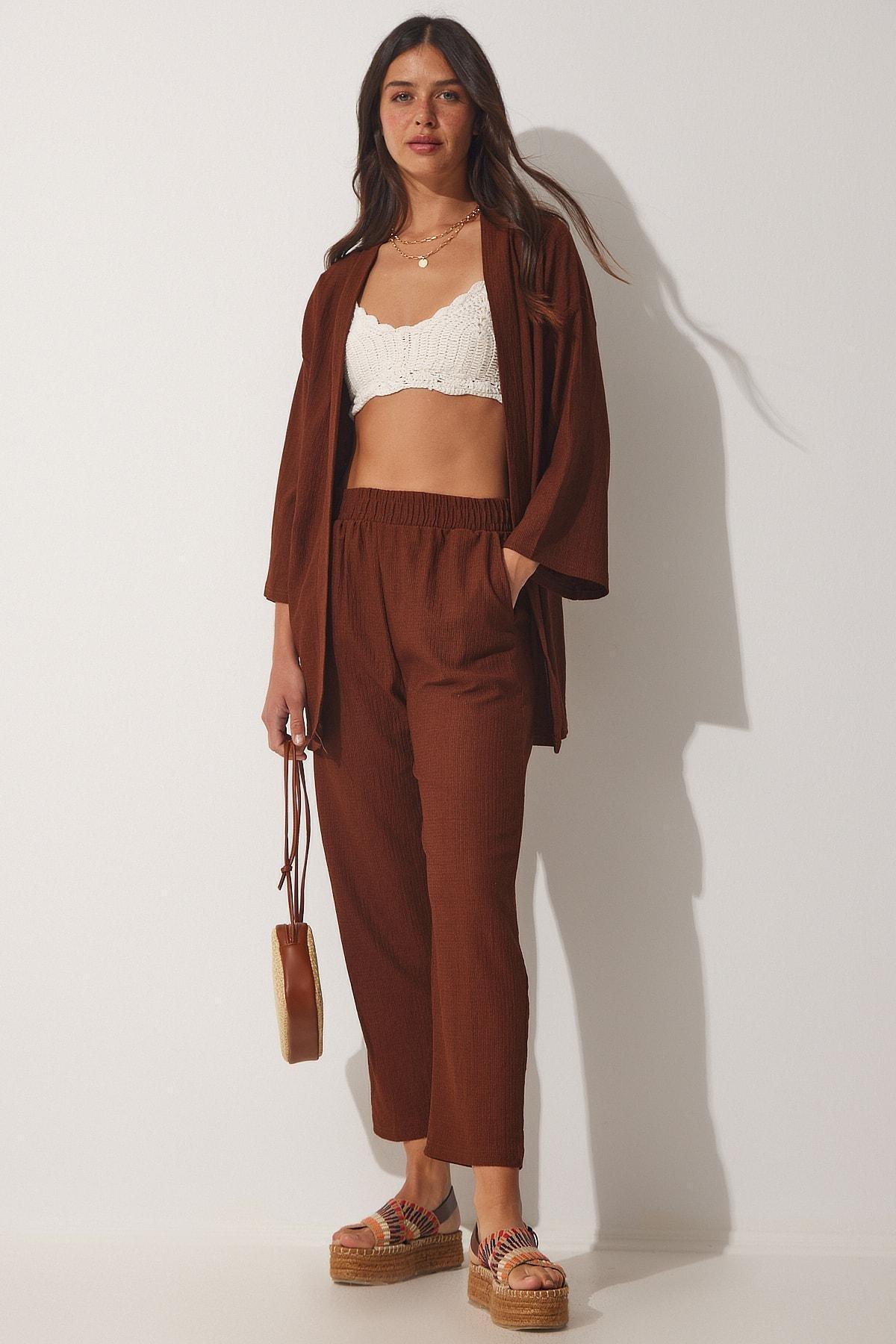 Brown V Neck Relaxed Co-Ord Set, , large image number 0