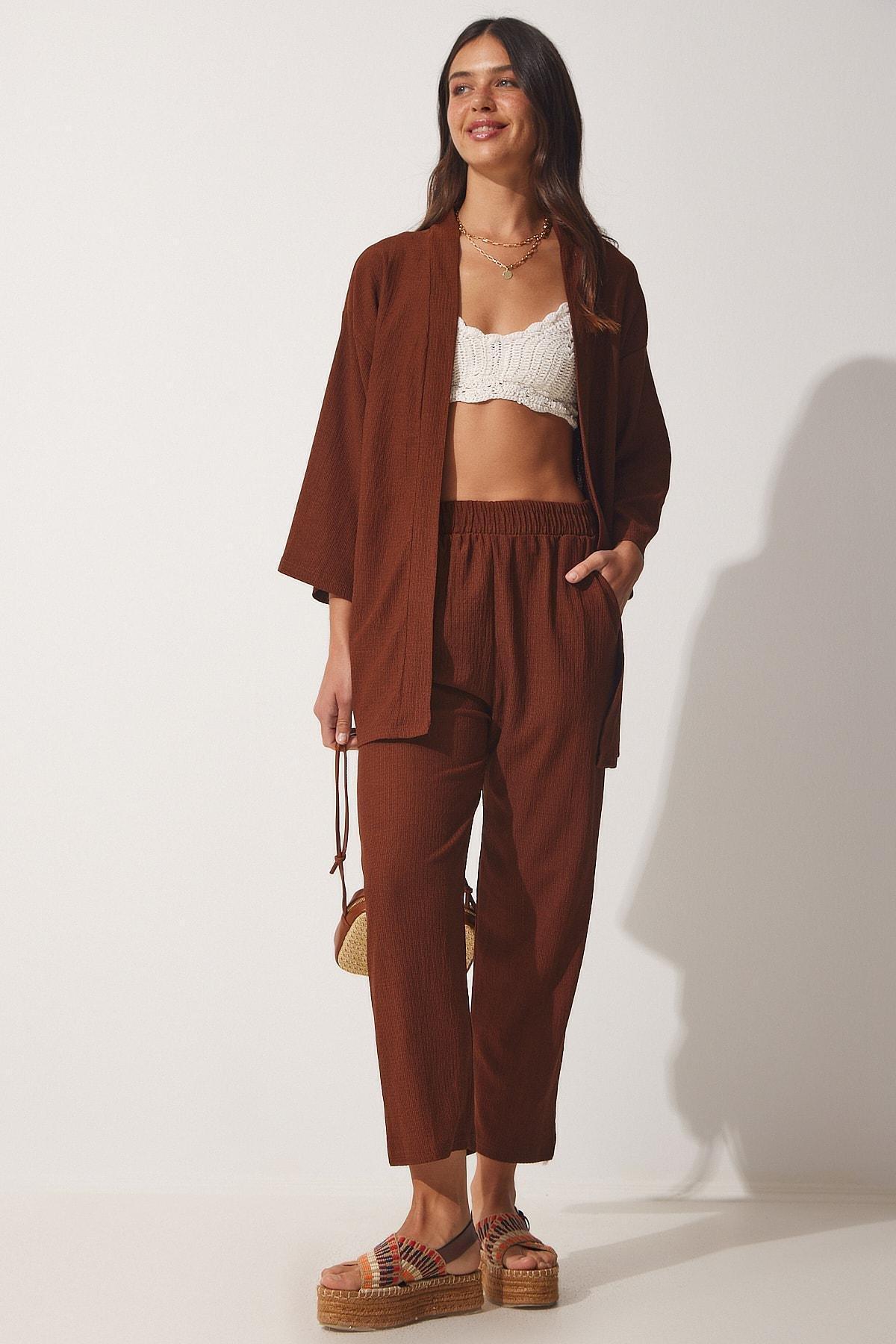 Brown V Neck Relaxed Co-Ord Set, , large image number 1