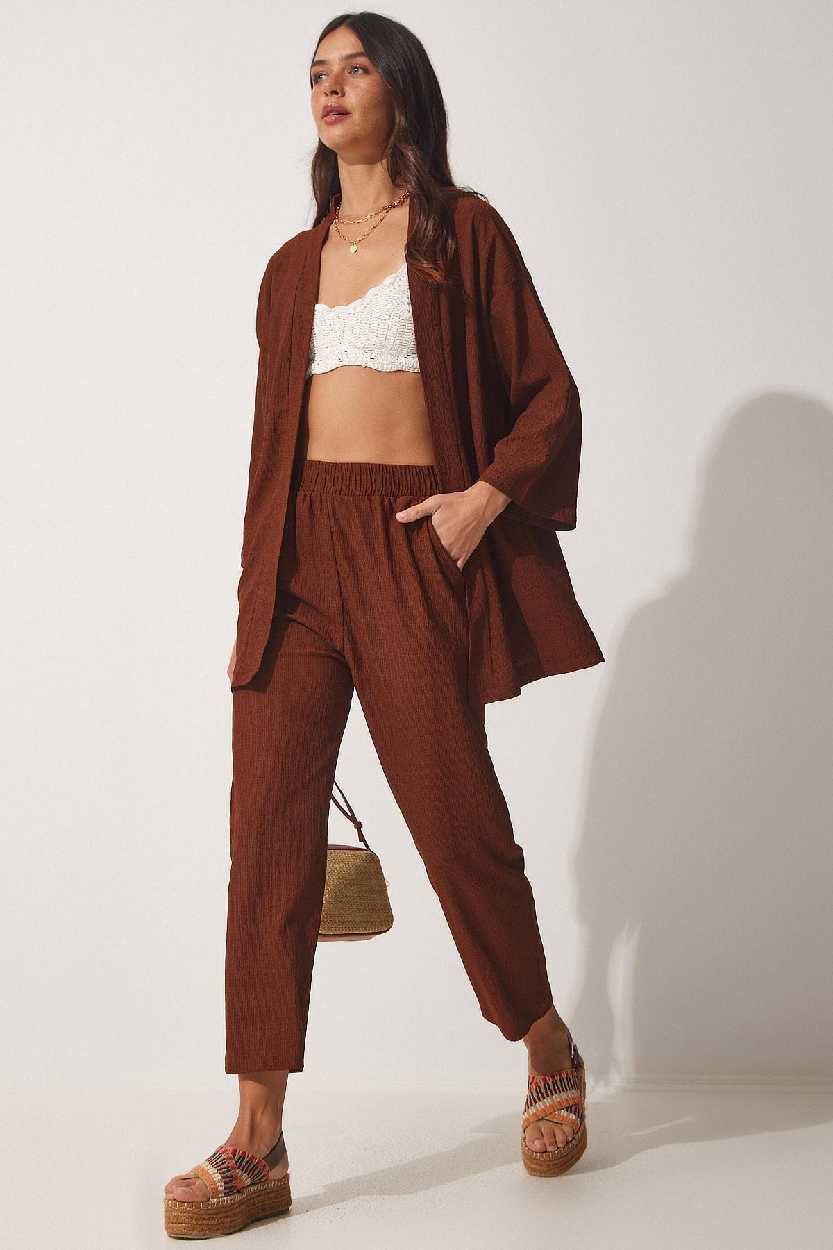 Brown V Neck Relaxed Co-Ord Set, , large image number 2