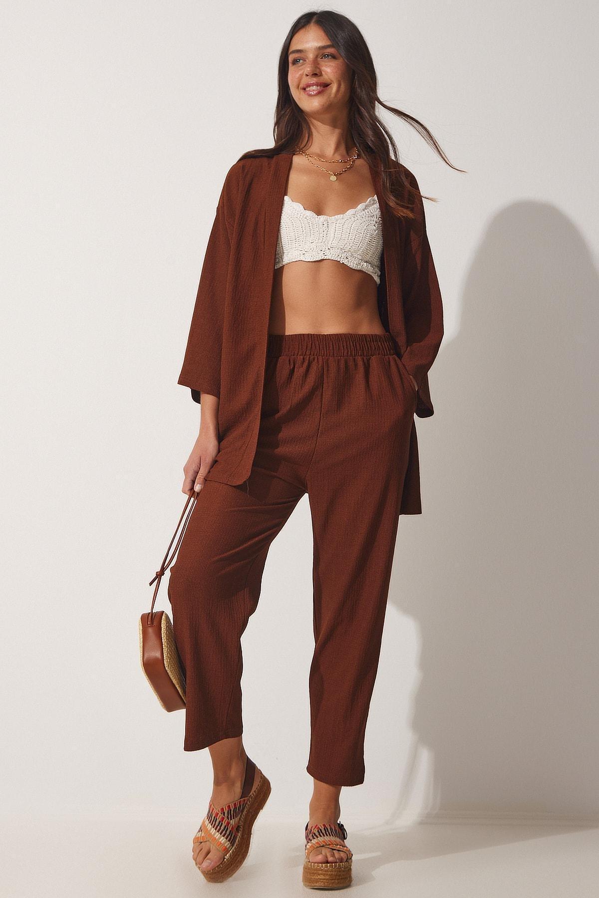 Brown V Neck Relaxed Co-Ord Set, , large image number 3
