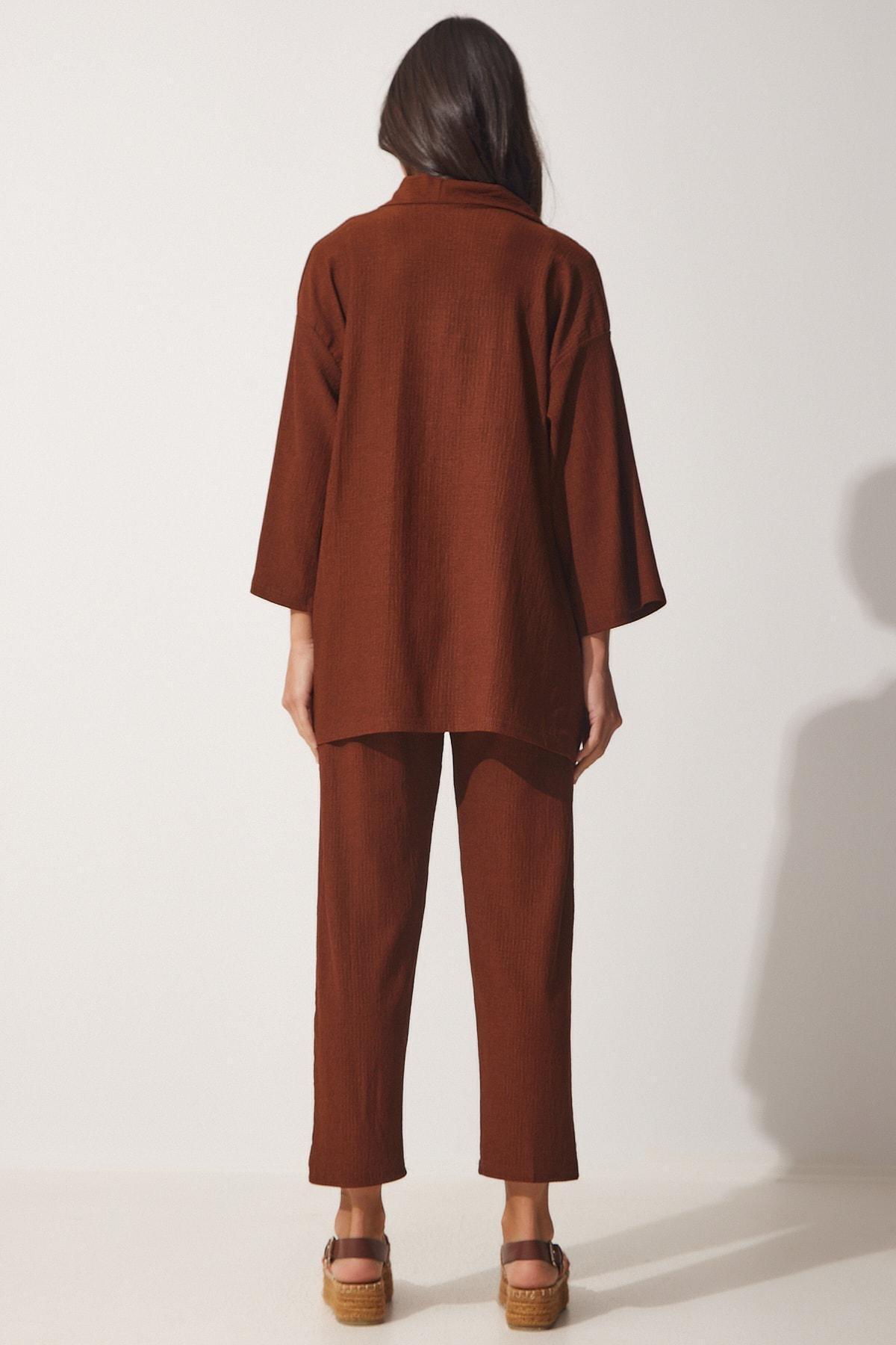Brown V Neck Relaxed Co-Ord Set, , large image number 5