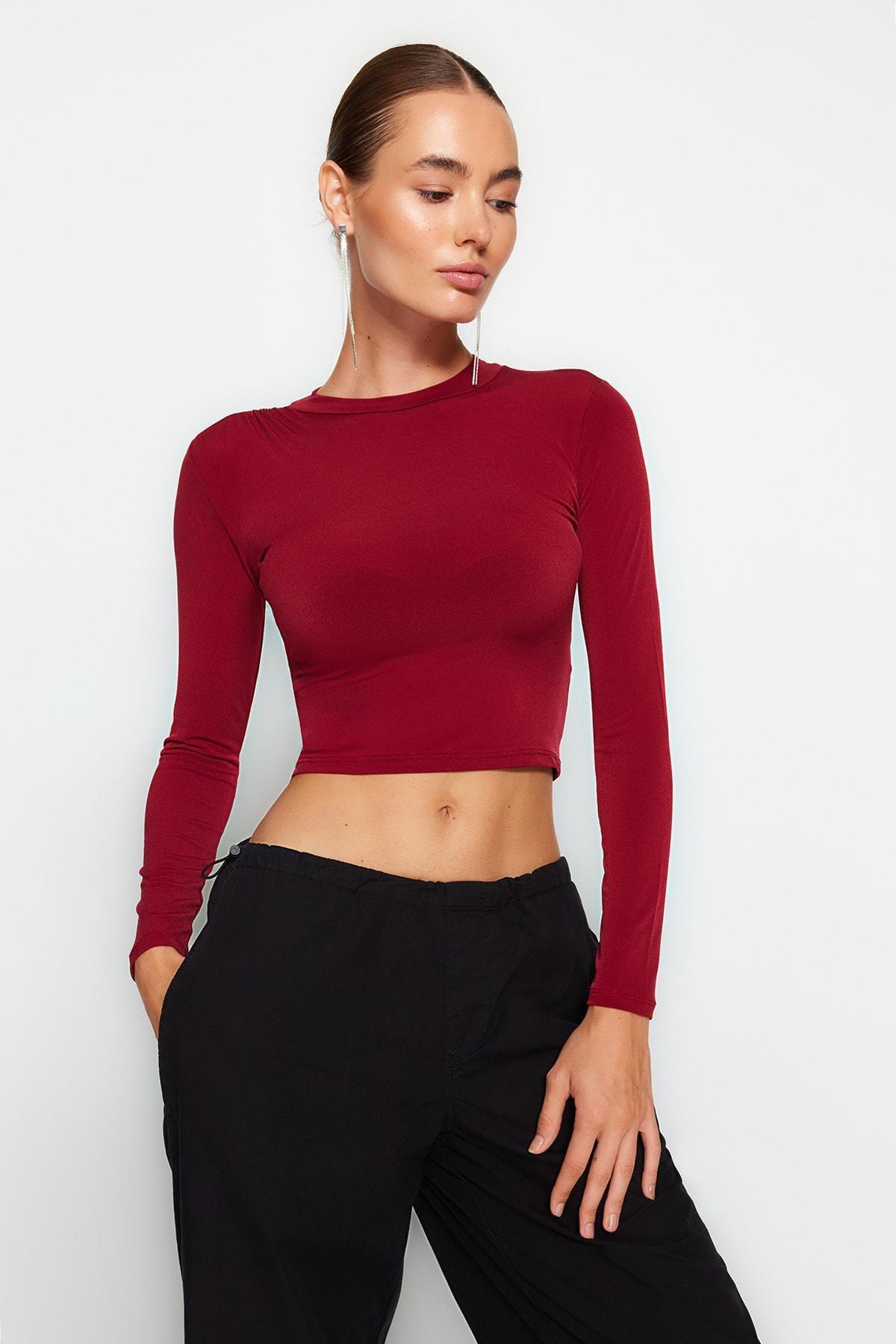 Burgundy Stand-Up Collar Knitted Blouse, , large image number 0