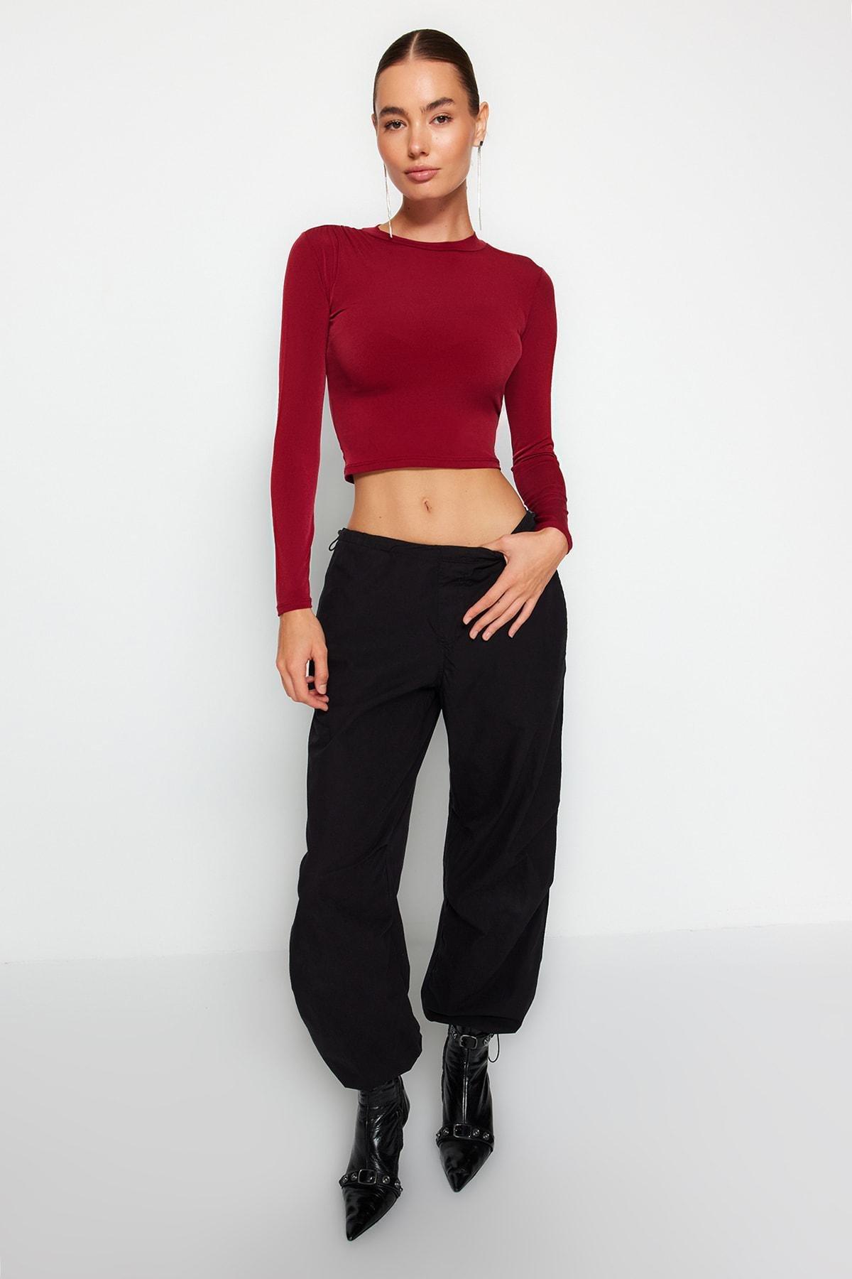Burgundy Stand-Up Collar Knitted Blouse, , large image number 1