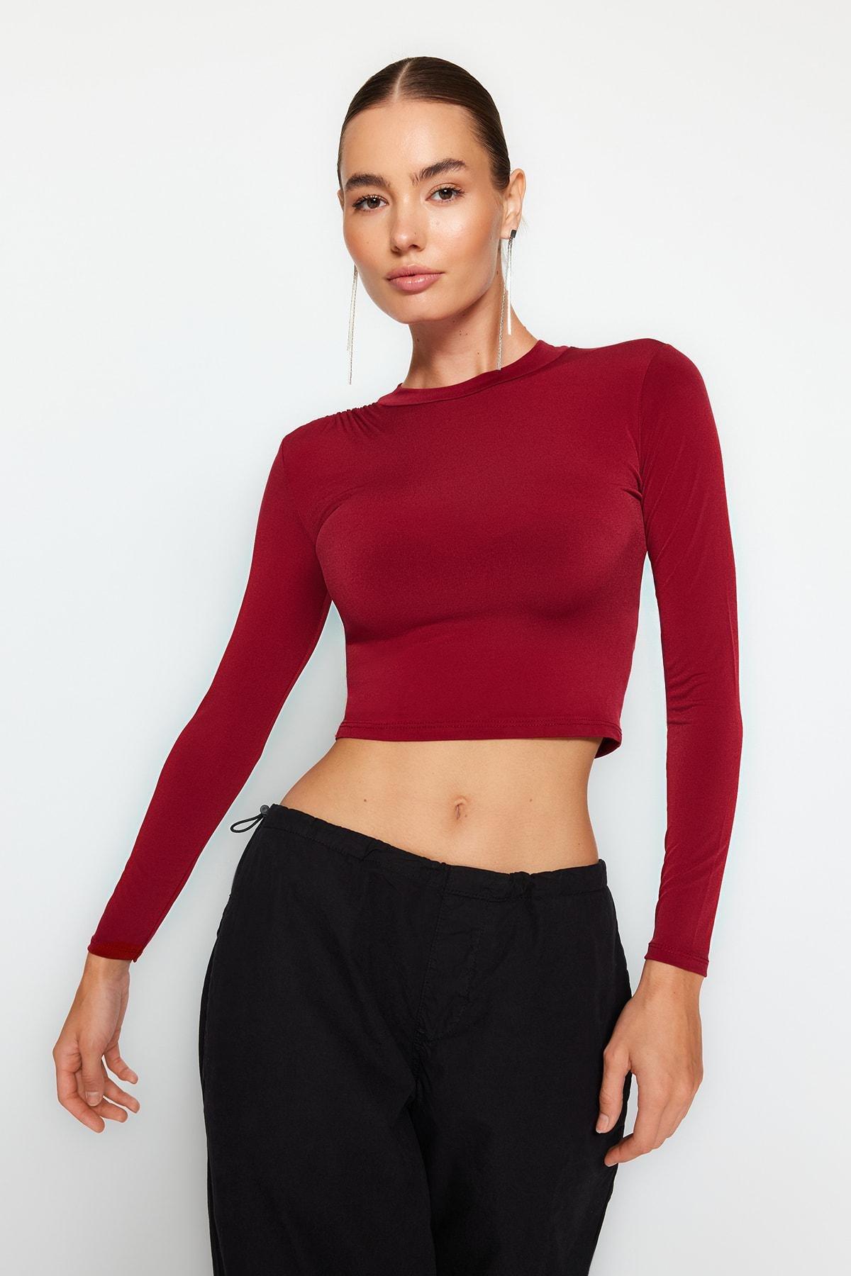 Burgundy Stand-Up Collar Knitted Blouse, , large image number 2