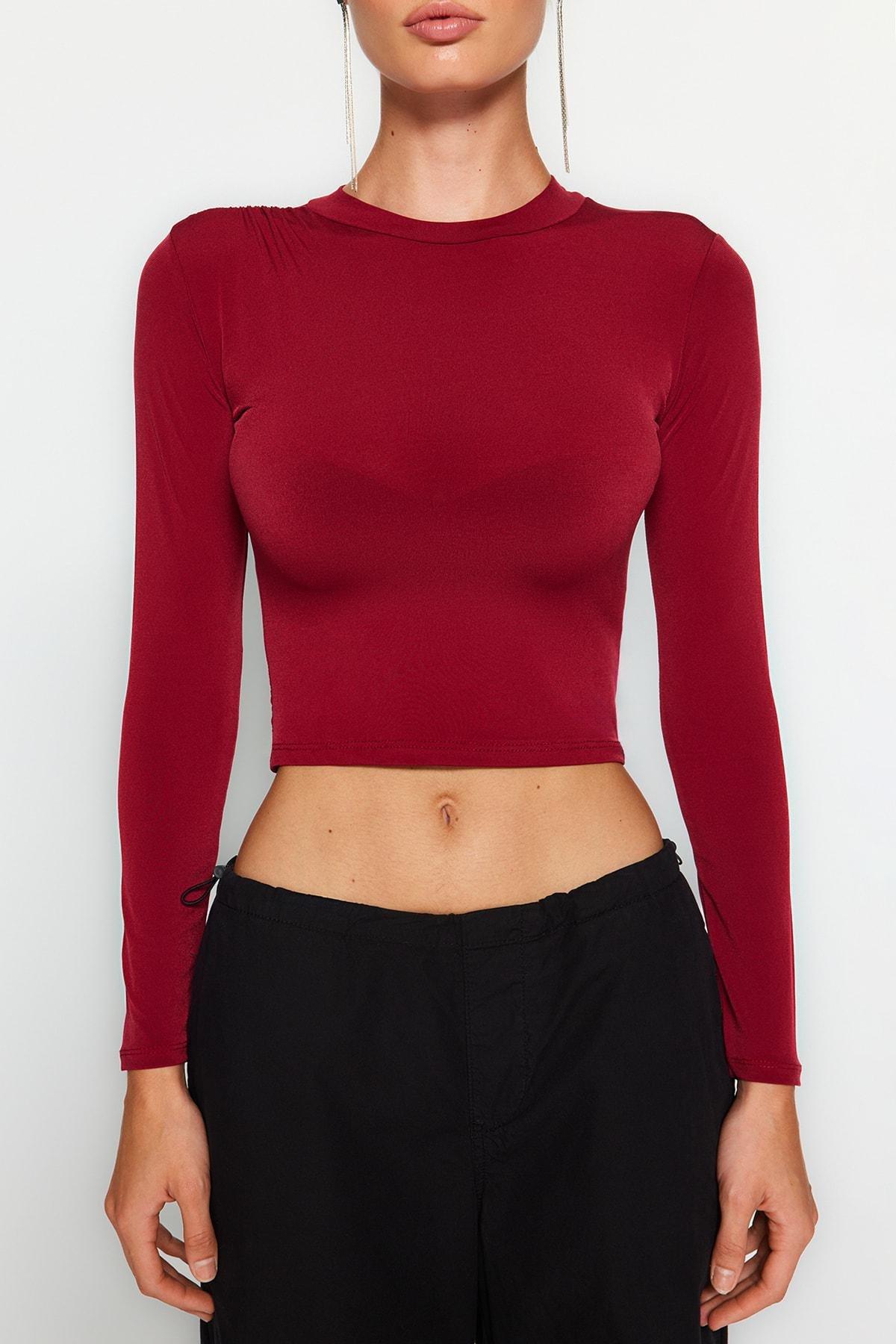 Burgundy Stand-Up Collar Knitted Blouse, , large image number 3