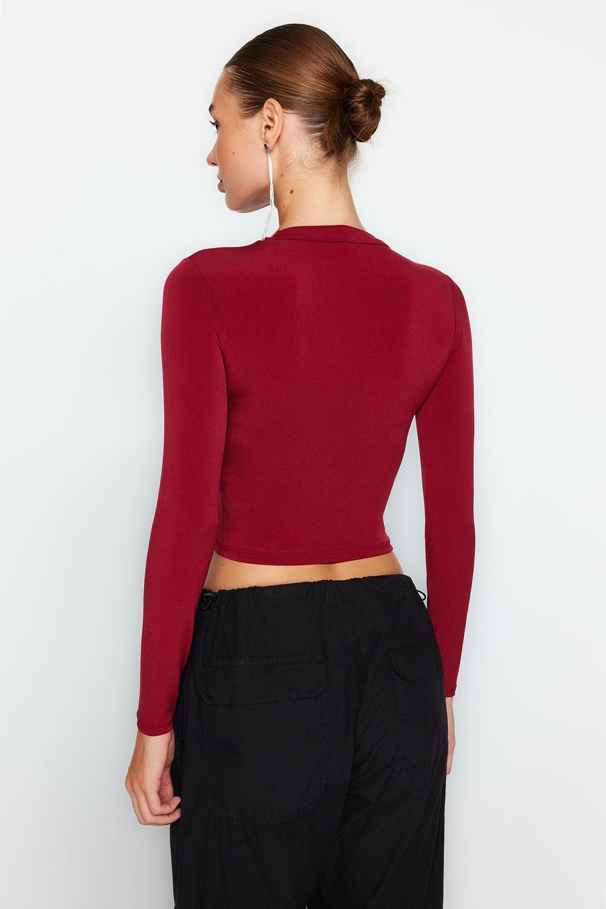 Burgundy Stand-Up Collar Knitted Blouse, , large image number 4