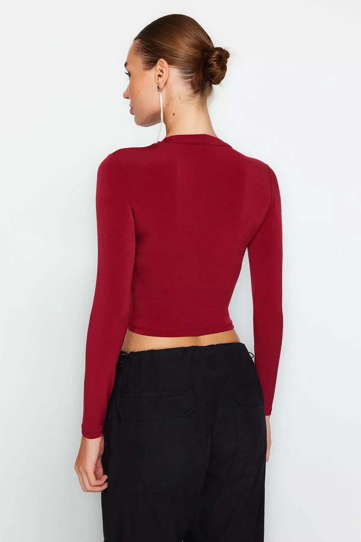 Burgundy Stand-Up Collar Knitted Blouse, Burgundy, large image number 4