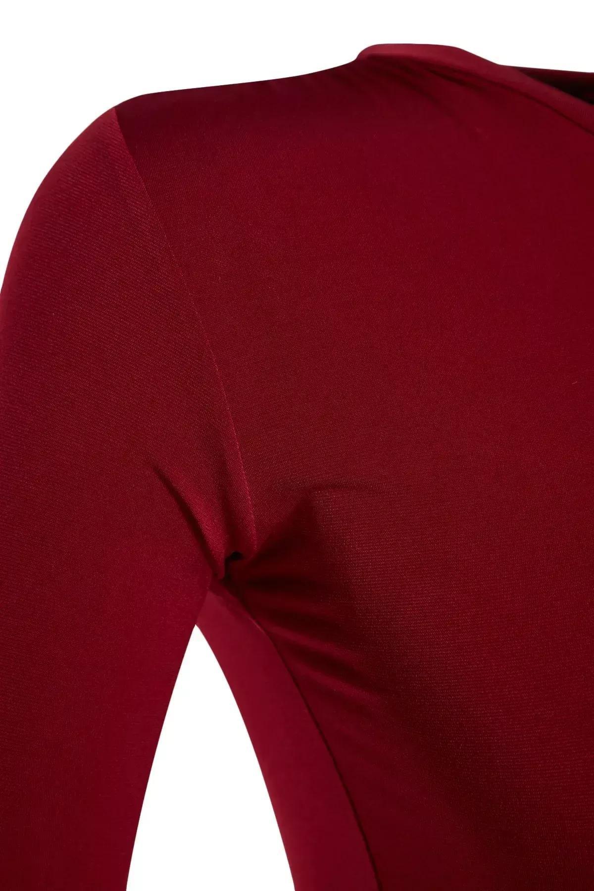 Burgundy Stand-Up Collar Knitted Blouse, Burgundy, large image number 5