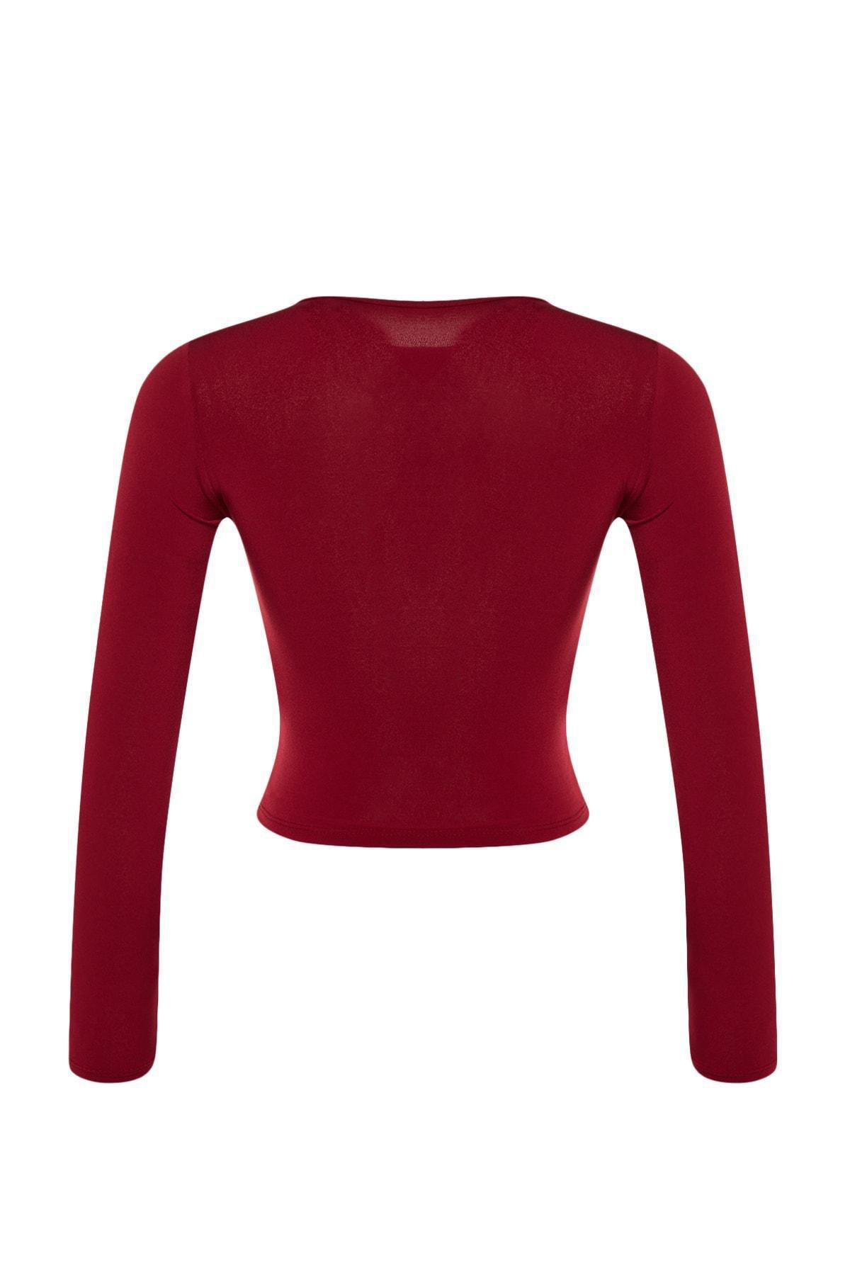 Burgundy Stand-Up Collar Knitted Blouse, , large image number 6