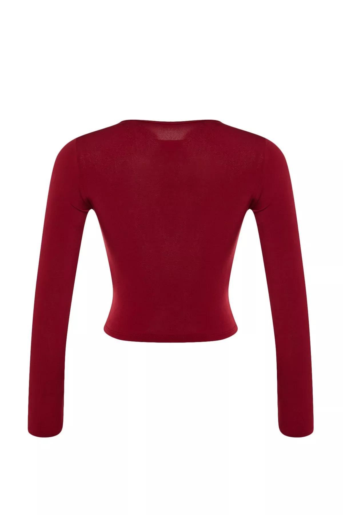 Burgundy Stand-Up Collar Knitted Blouse, Burgundy, large image number 6