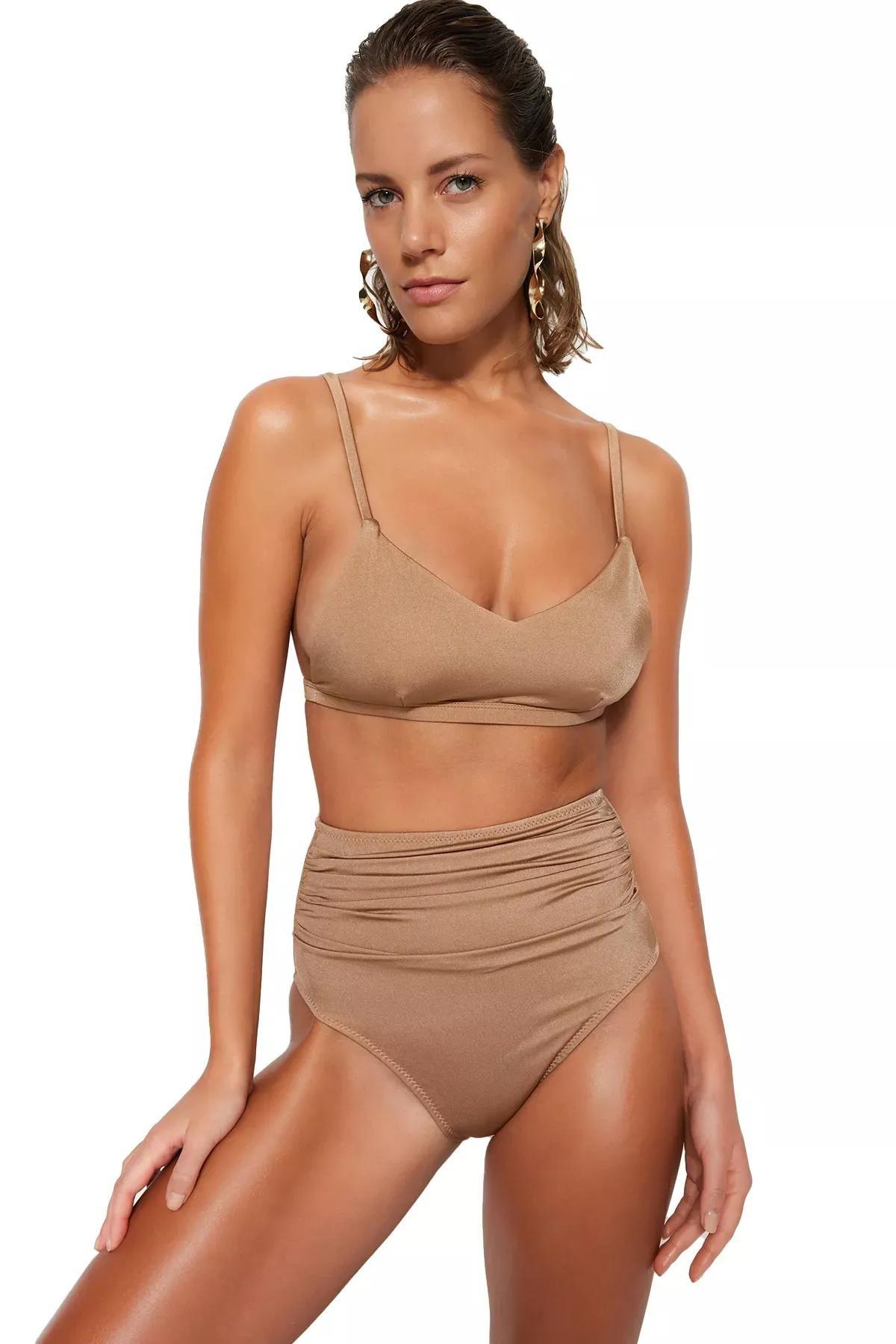 Brown Plain Bikini Bottom, Brown, medium