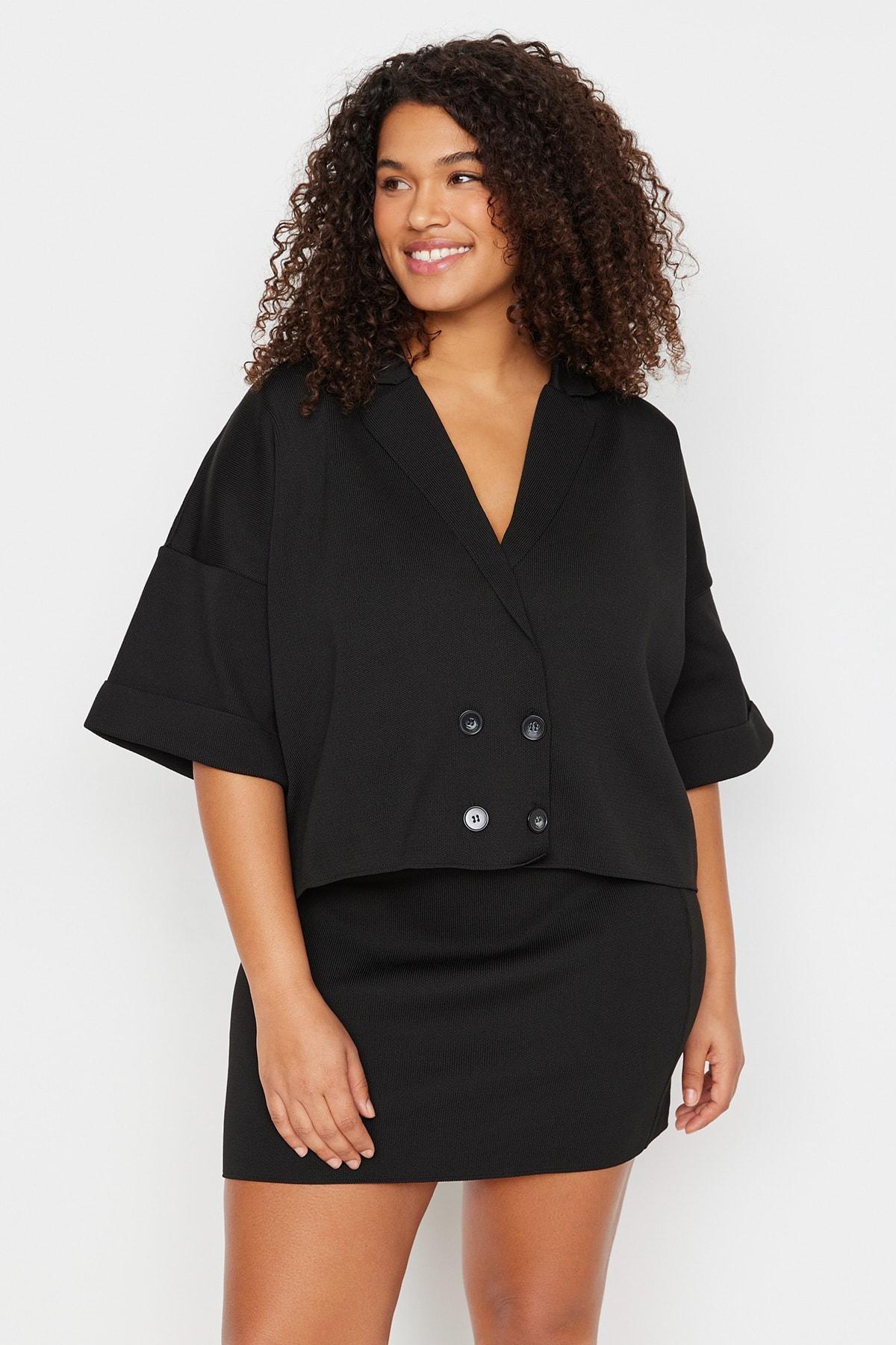 Black Regular Fit Plus Size Cardigan, Black, large image number 1
