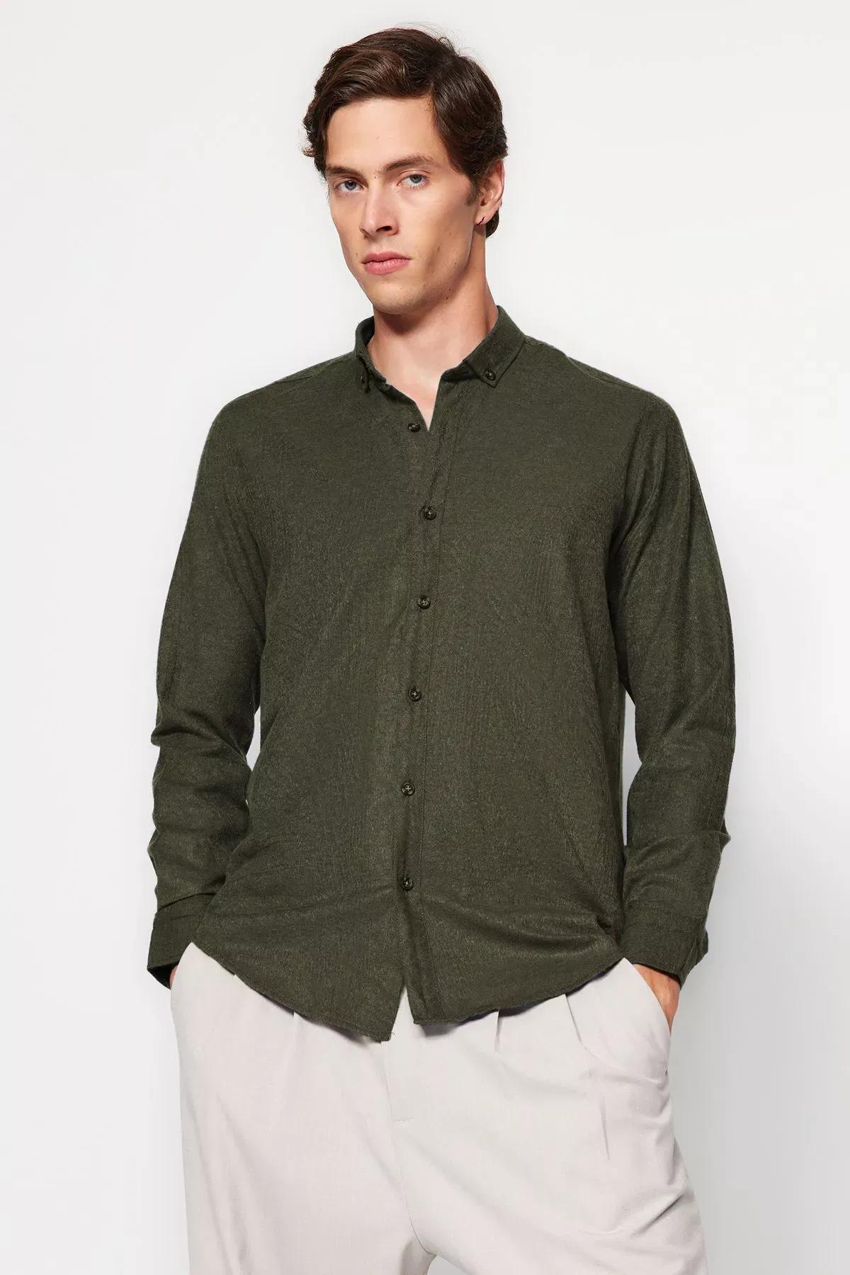 Green Flannel Slim Shirt, Green, medium