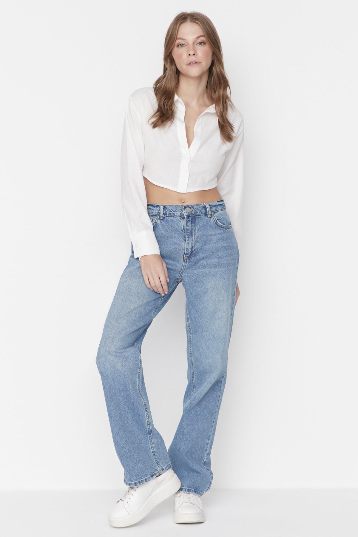 Blue Low Waist Wide Leg Jeans, , large image number 1